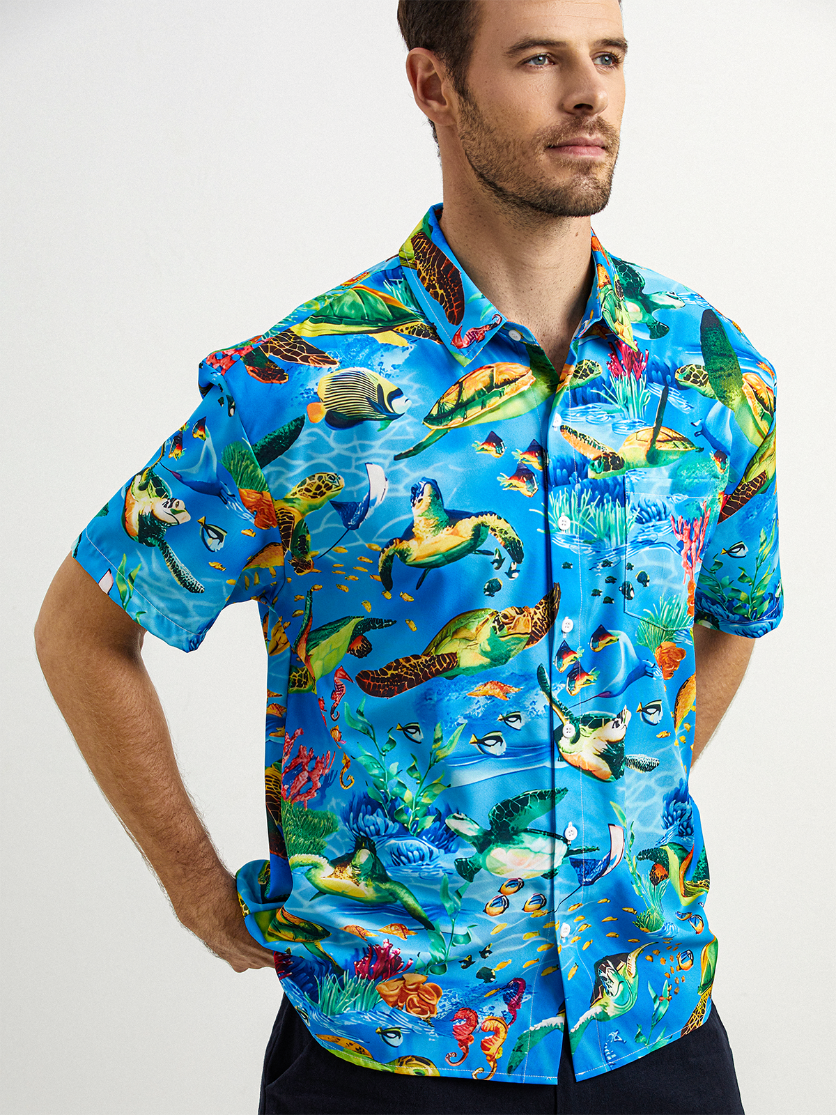 Ocean Animals Chest Pocket Short Sleeve Hawaiian Shirt