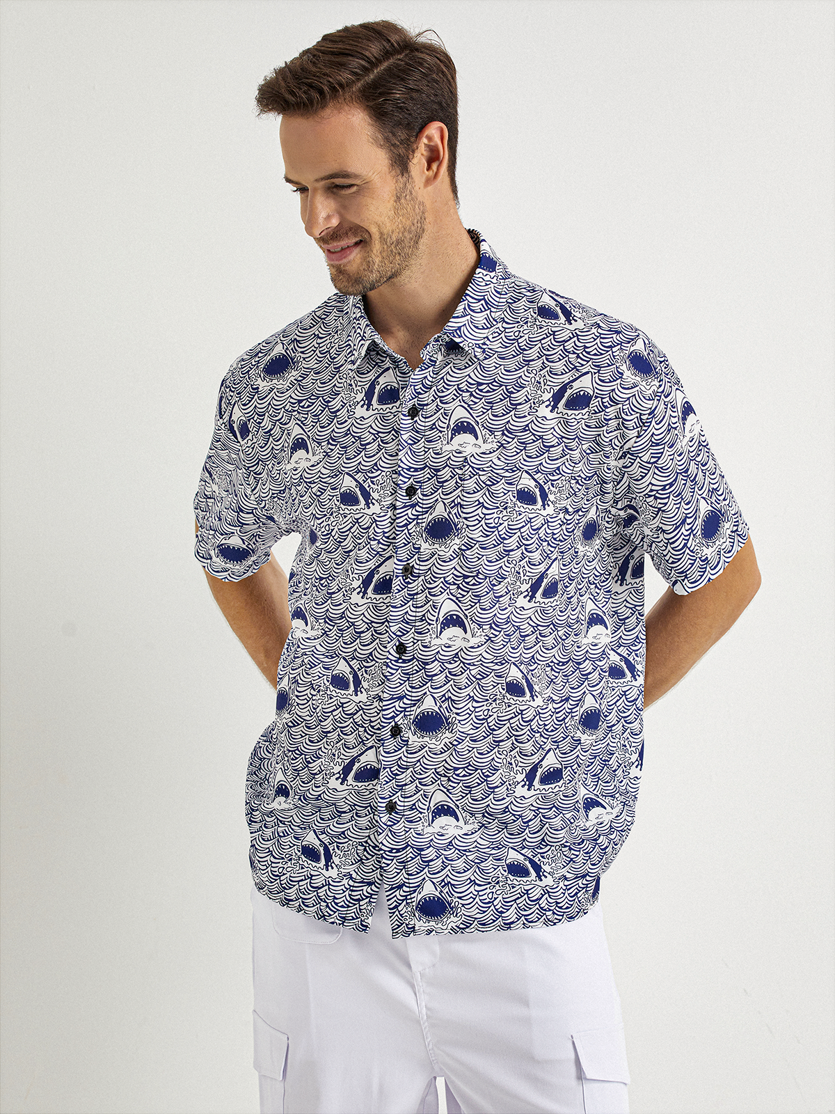 Small Graphic Shark Chest Pocket Short Sleeve Hawaiian Shirt