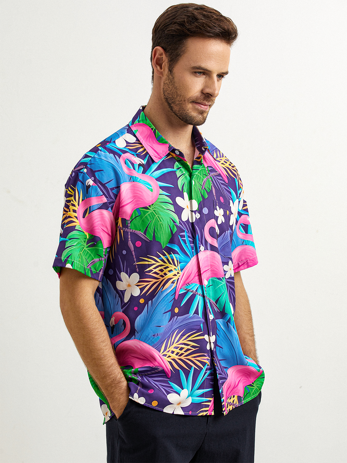 Flamingo Chest Pocket Short Sleeve Hawaiian Shirt