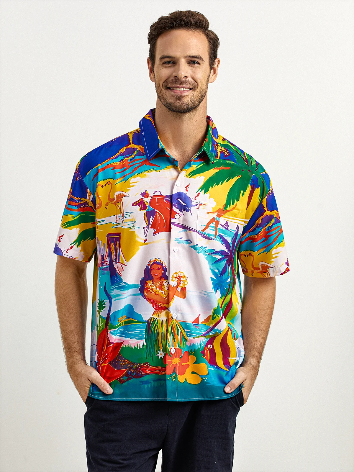 Hula Girl Chest Pocket Short Sleeve Hawaiian Shirt