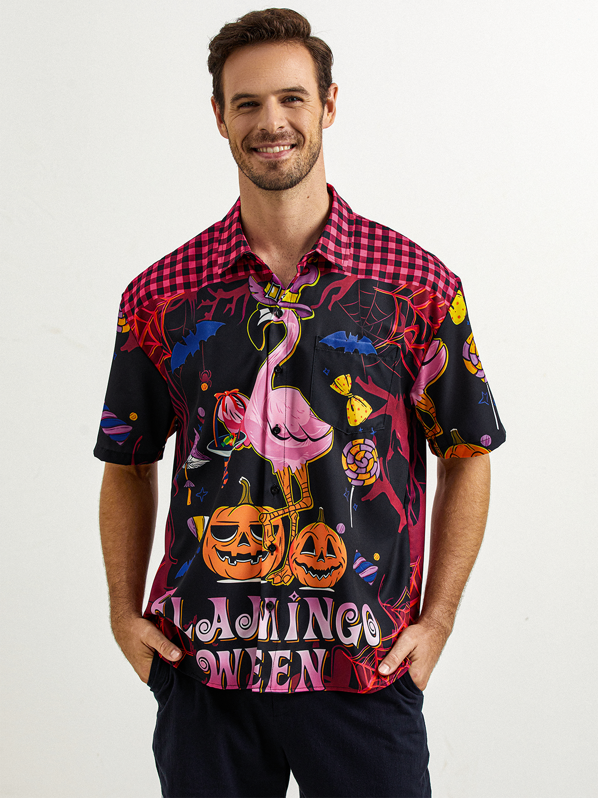 Halloween Flamingo Chest Pocket Short Sleeve Hawaiian Shirt