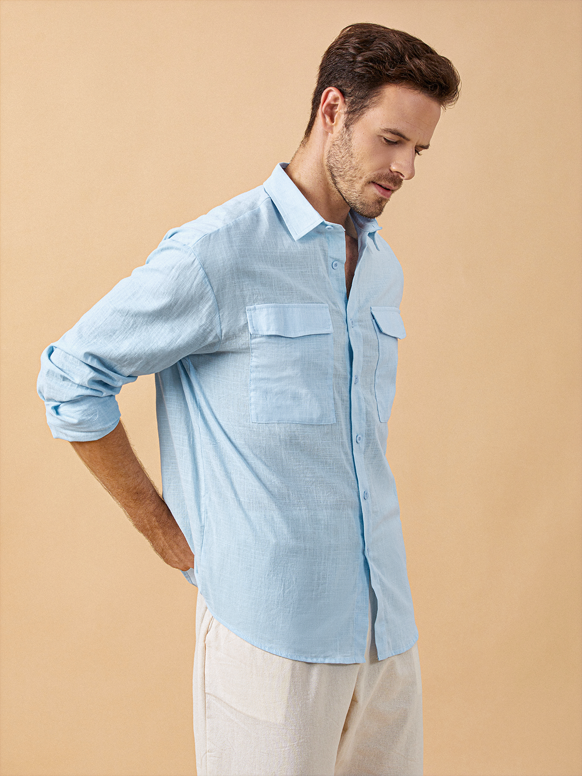 Hardaddy Cotton Linen Plain Chest Pocket Long Sleeve Casual Shirt