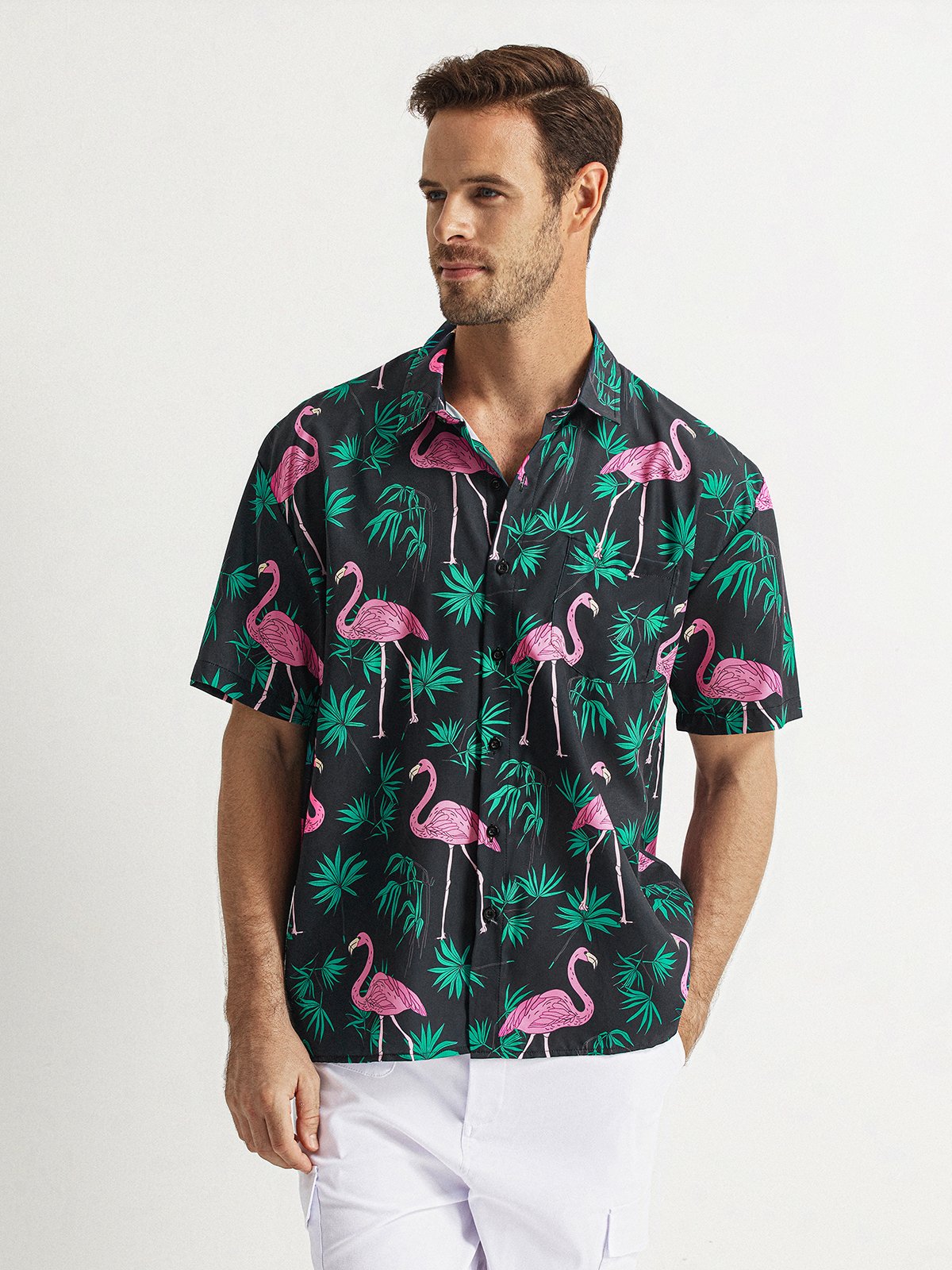 Flamingo Chest Pocket Short Sleeve Hawaiian shirt