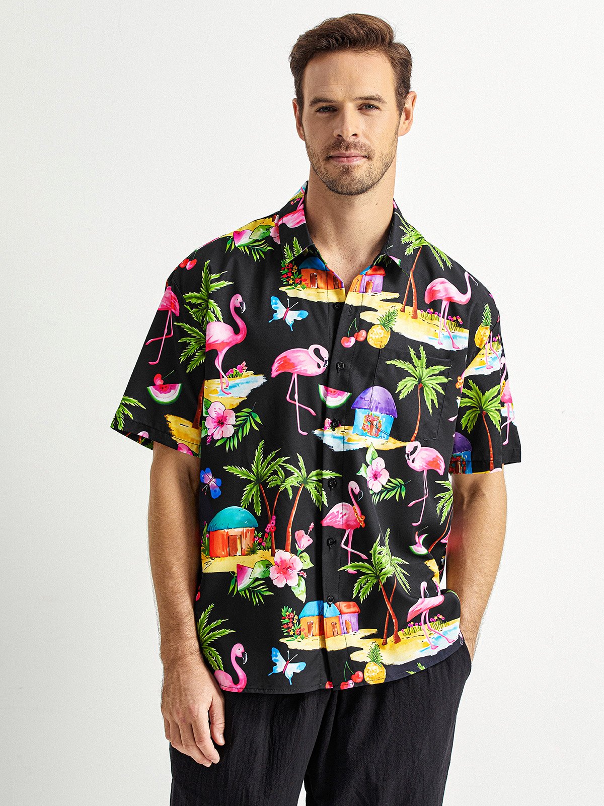 Flamingo Chest Pocket Short Sleeve Hawaiian Shirt