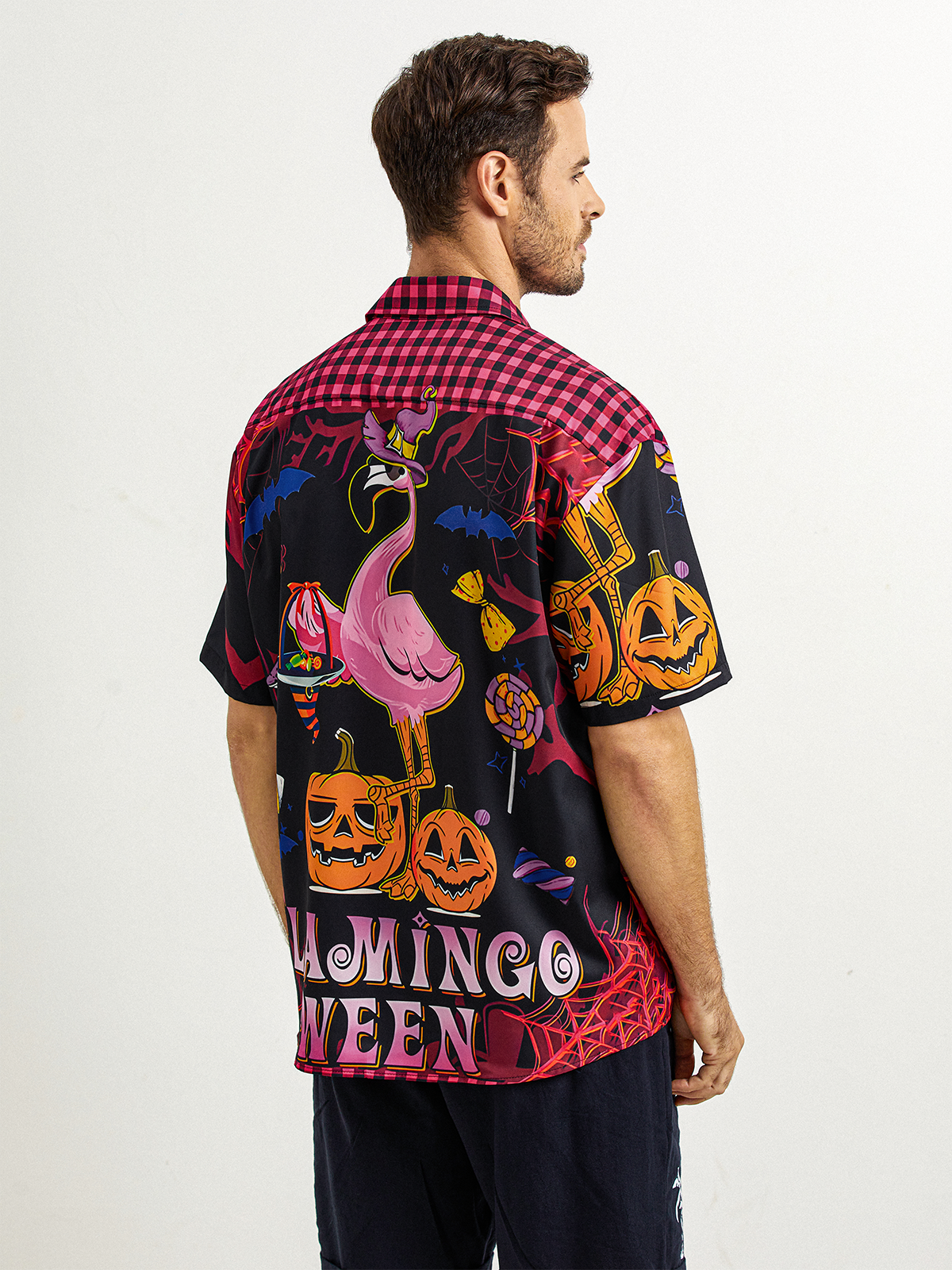 Halloween Flamingo Chest Pocket Short Sleeve Hawaiian Shirt