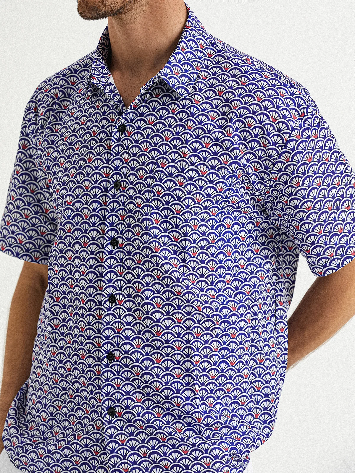 Japanese Pattern Chest Pocket Short Sleeve Casual Shirt