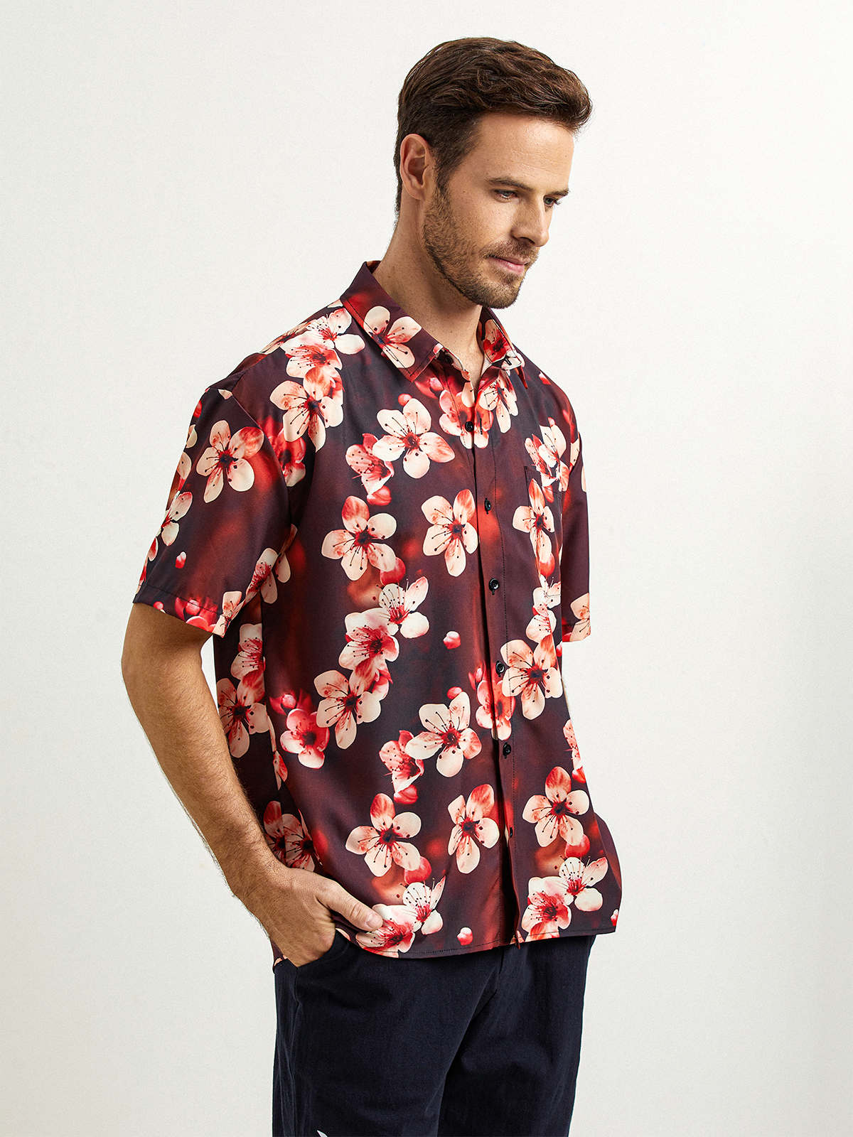 3D Flower Chest Pocket Short Sleeve Casual Shirt