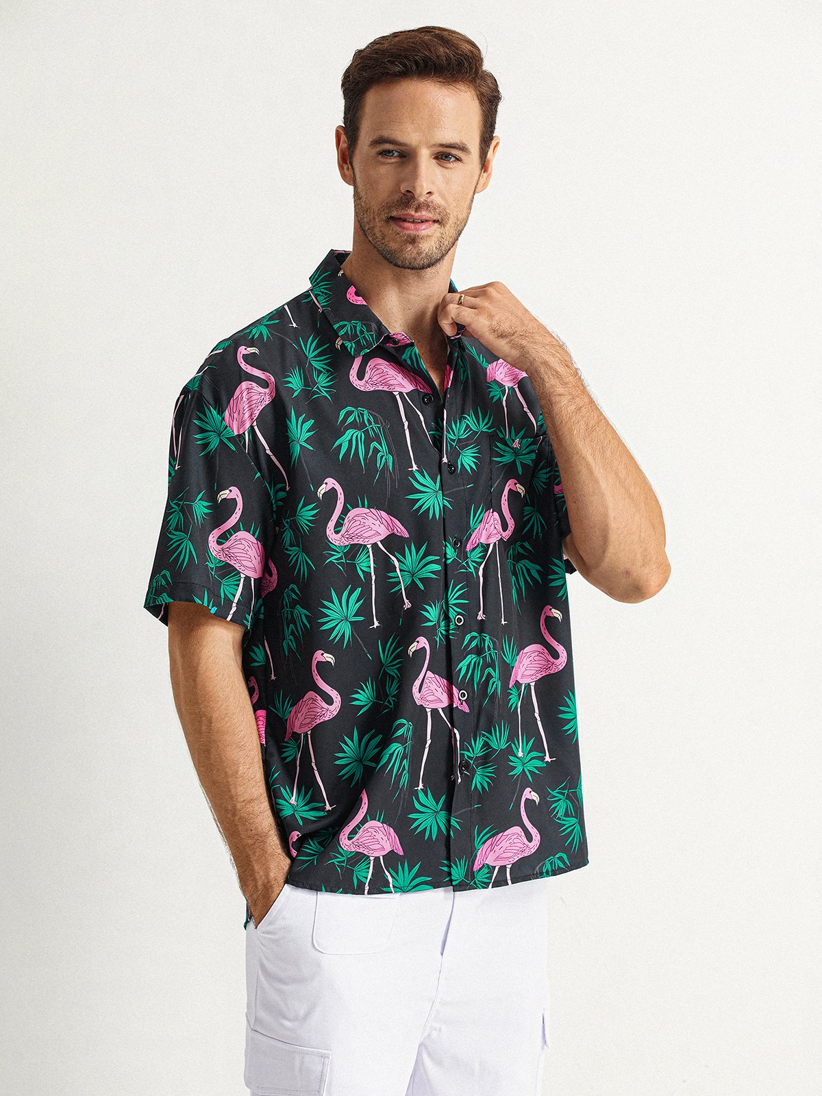 Flamingo Chest Pocket Short Sleeve Hawaiian shirt