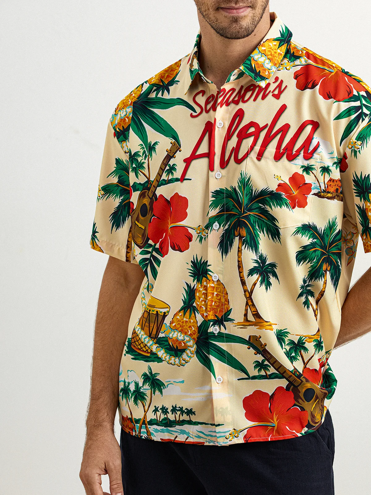 Coconut Tree Chest Pocket Short Sleeve Hawaiian Shirt