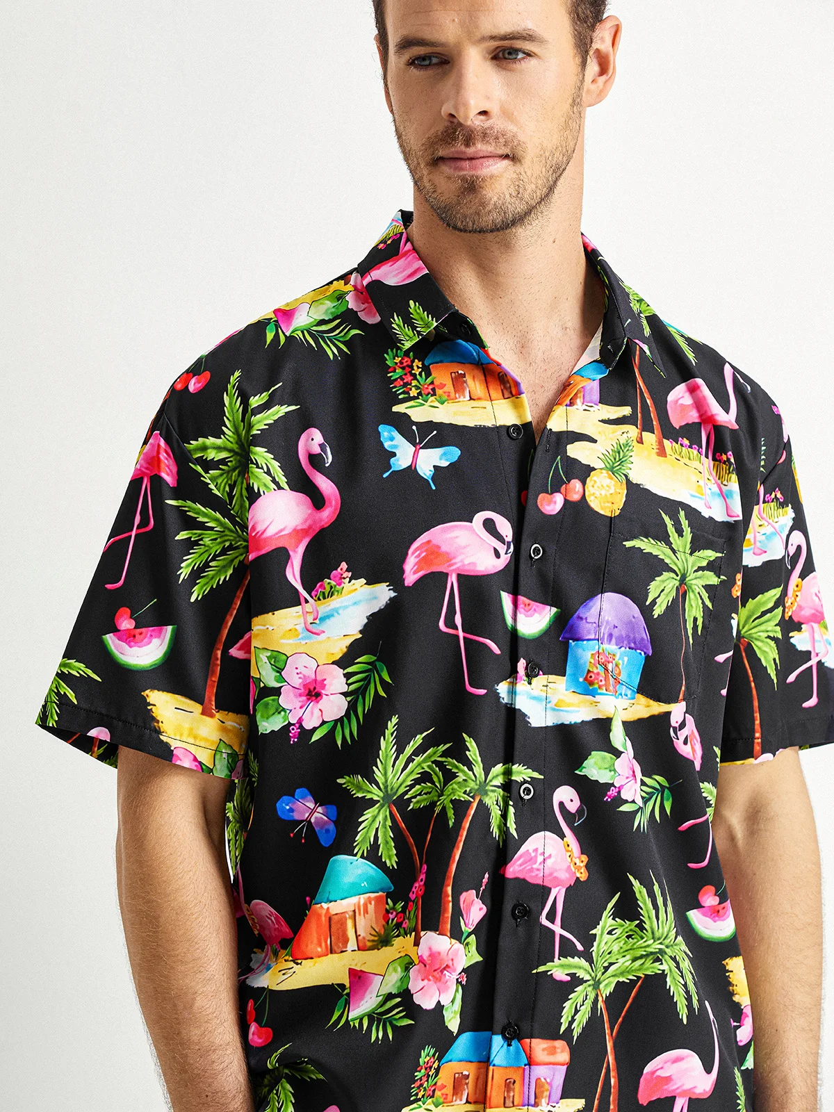 Flamingo Chest Pocket Short Sleeve Hawaiian Shirt