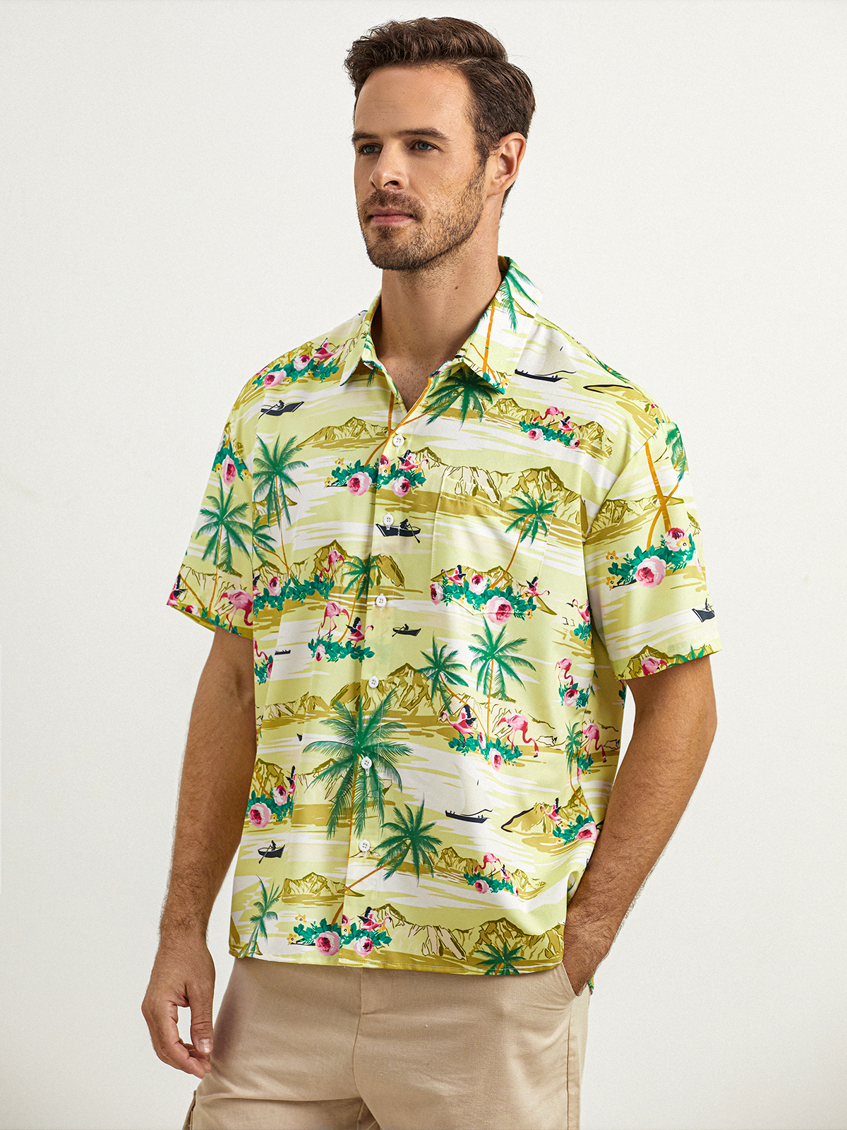 Coconut Tree Chest Pocket Short Sleeve Hawaiian Shirt