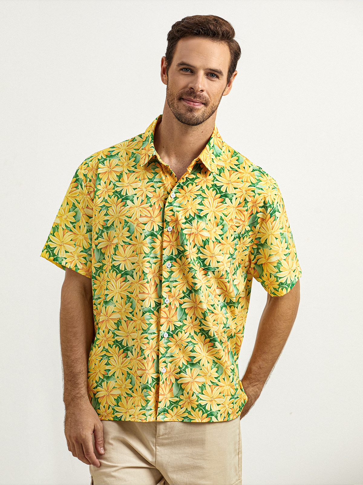 Tropical Floral Chest Pocket Short Sleeve Hawaiian Shirt