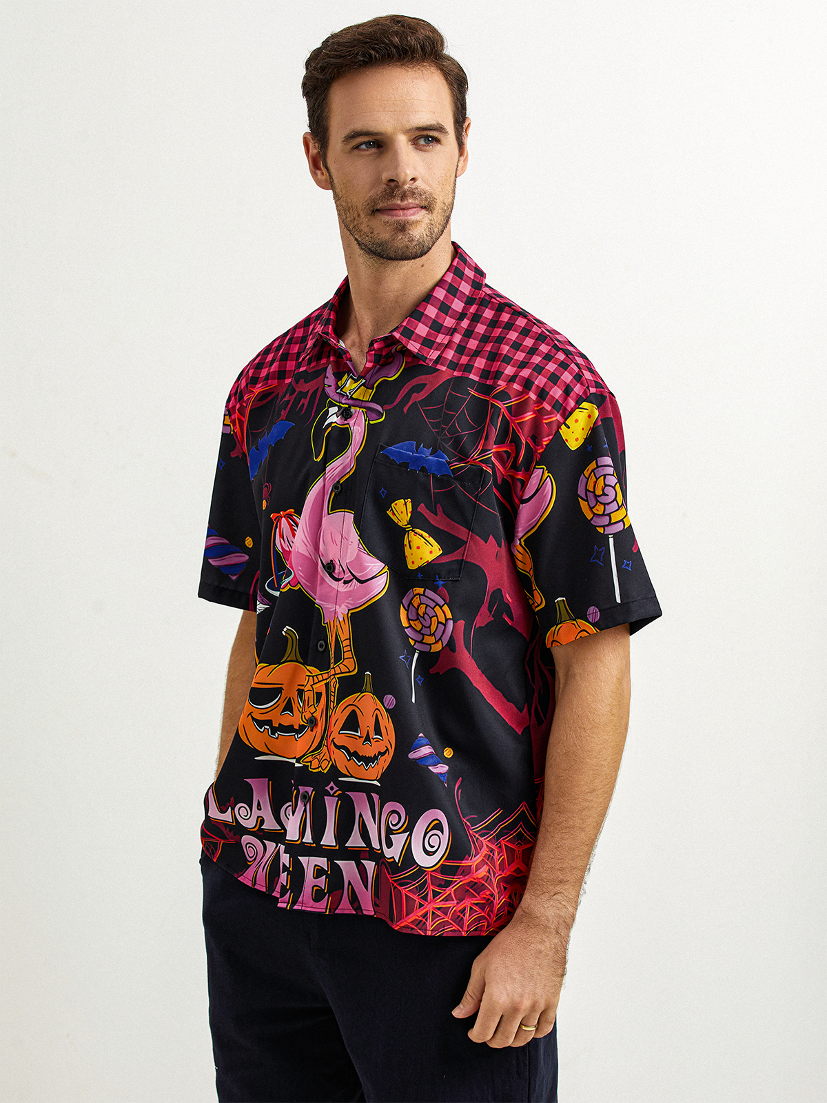 Halloween Flamingo Chest Pocket Short Sleeve Hawaiian Shirt