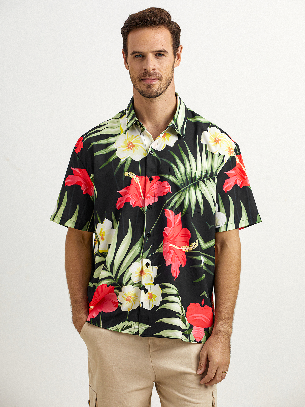 Floral Chest Pocket Short Sleeve Hawaiian Shirt