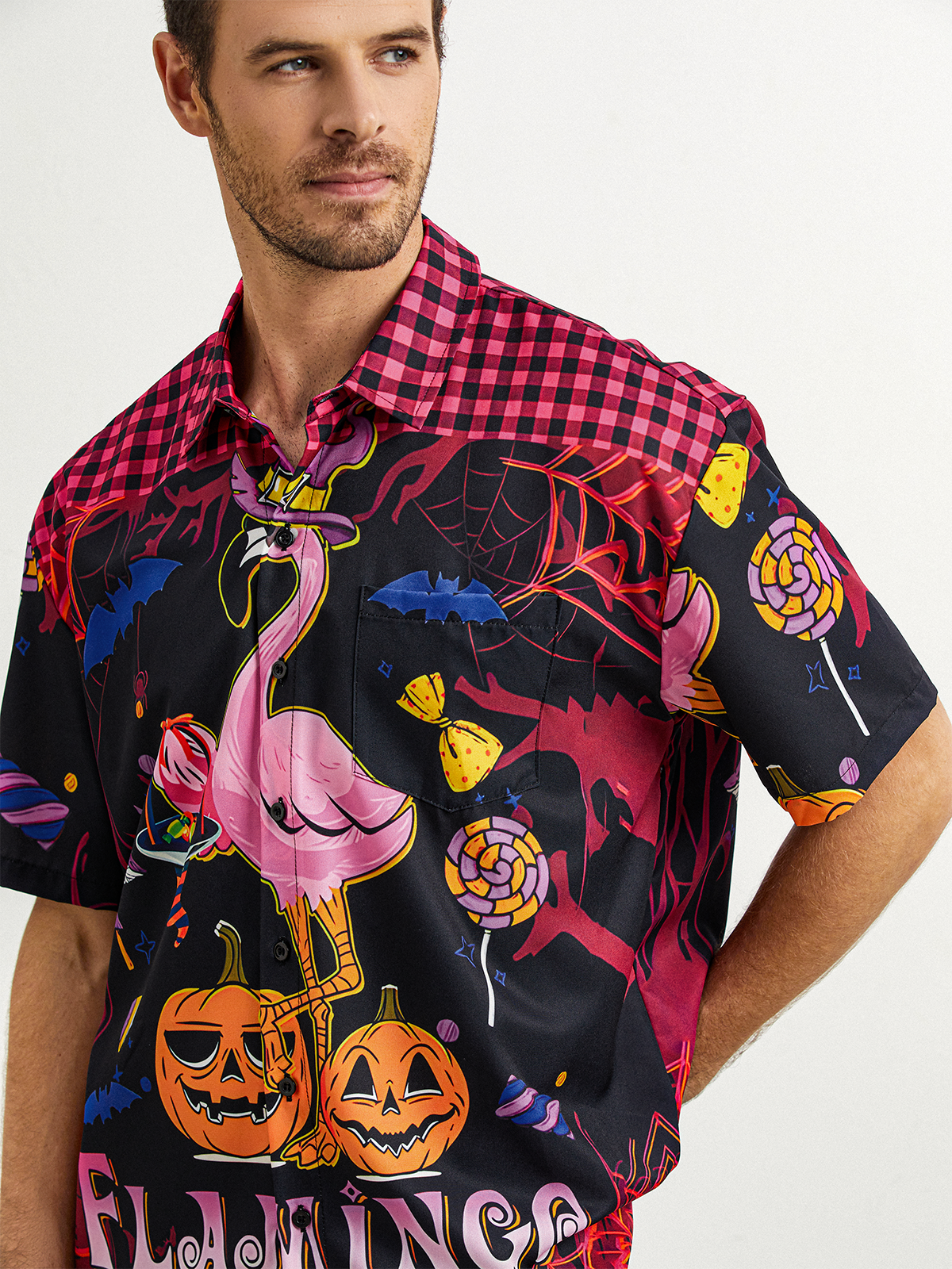 Halloween Flamingo Chest Pocket Short Sleeve Hawaiian Shirt