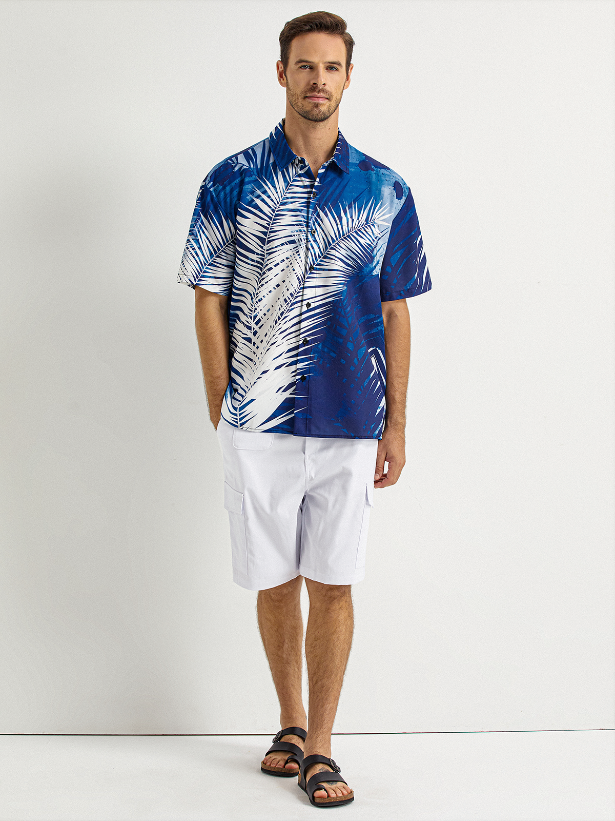 Palm Leaf Chest Pocket Short Sleeve Hawaiian Shirt