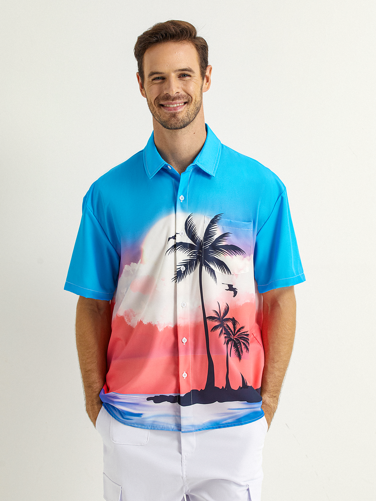 Coconut Tree Chest Pocket Short Sleeve Hawaiian Shirt