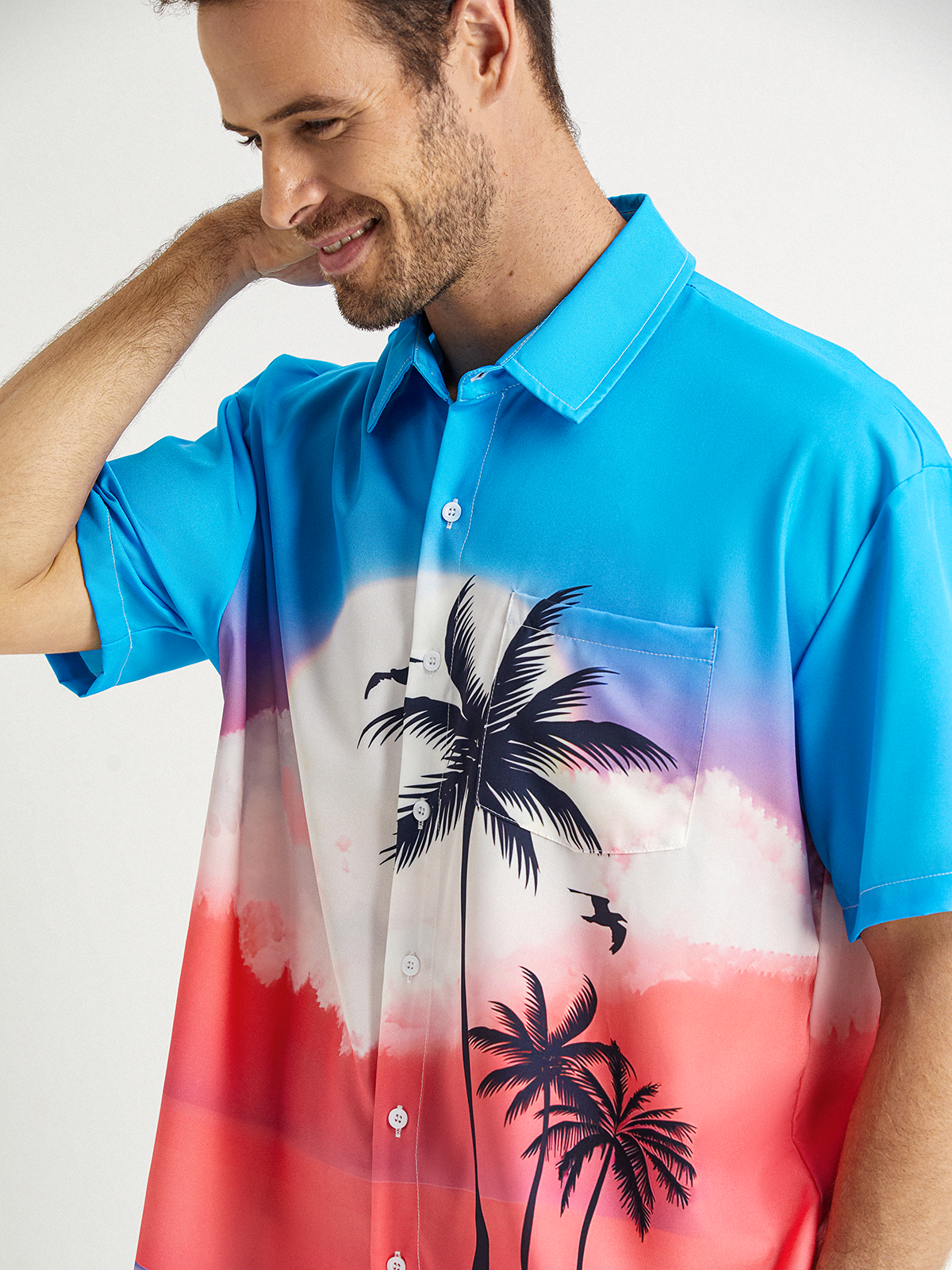 Coconut Tree Chest Pocket Short Sleeve Hawaiian Shirt