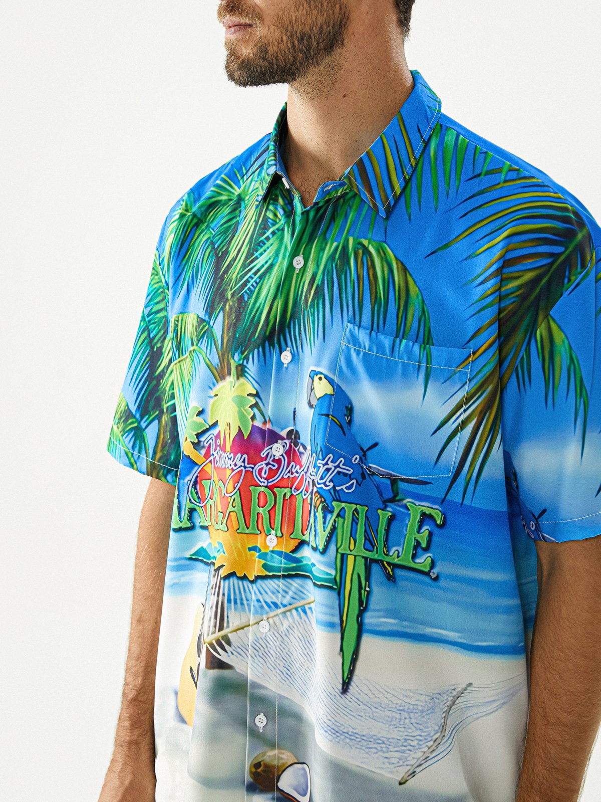 Hardaddy Blue Funny Button Down Hawaiian Shirt Tropical Parrots Music Coconuts Chest Pocket Short Sleeve Hawaiian Shirt