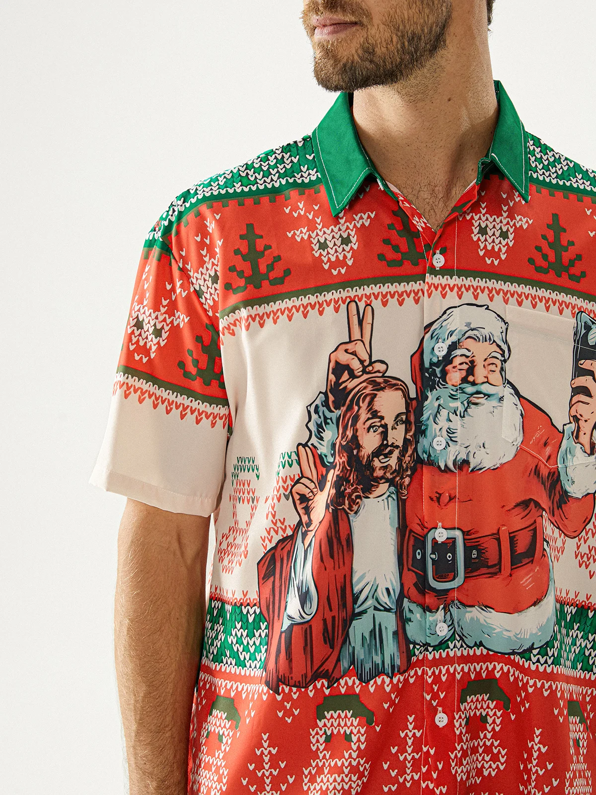 Santa Claus Jesus Selfie Ugly Chest Pocket Short Sleeve Holiday Shirt