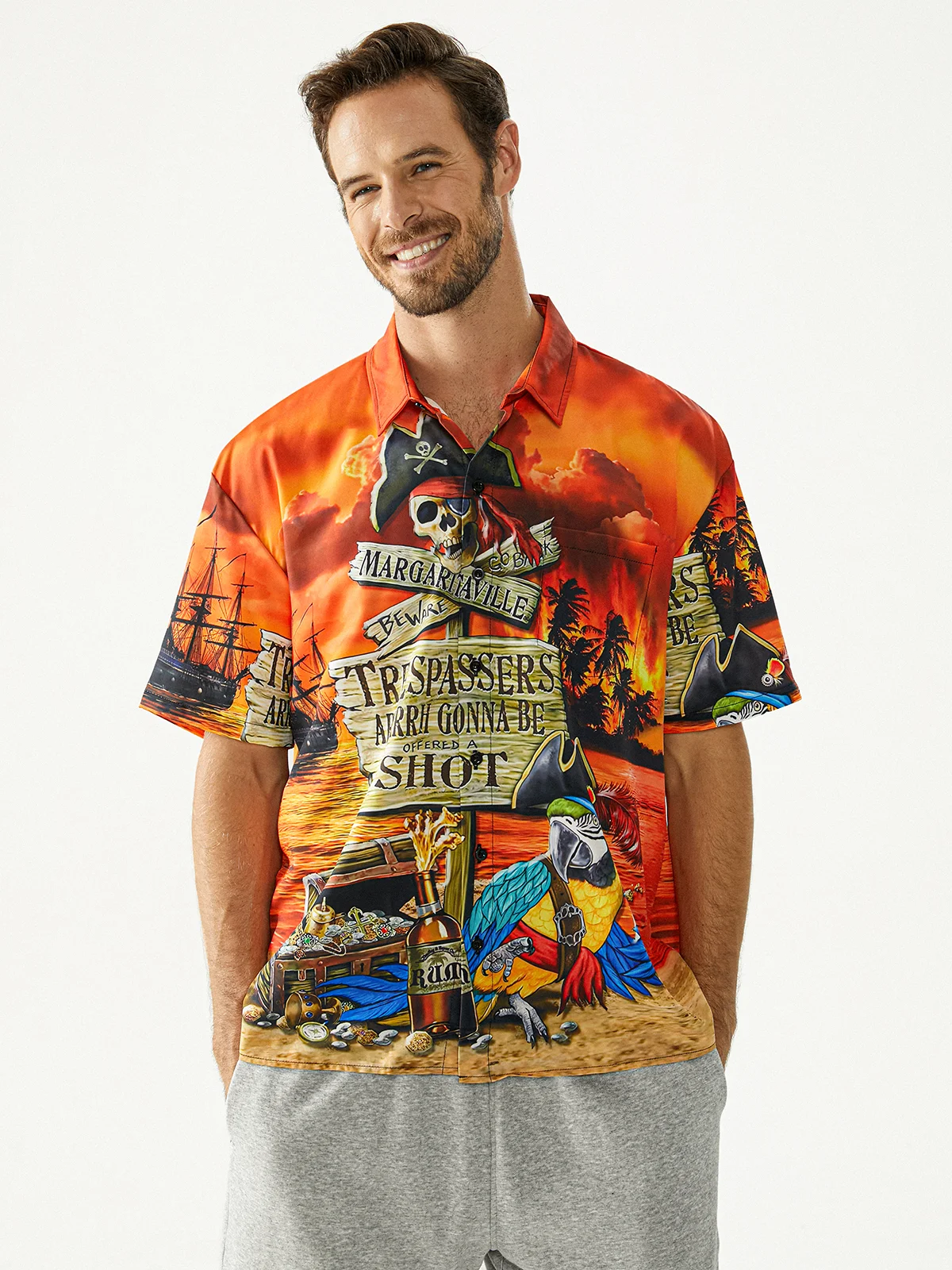 Pirate Chest Pocket Short Sleeve Hawaiian Shirt