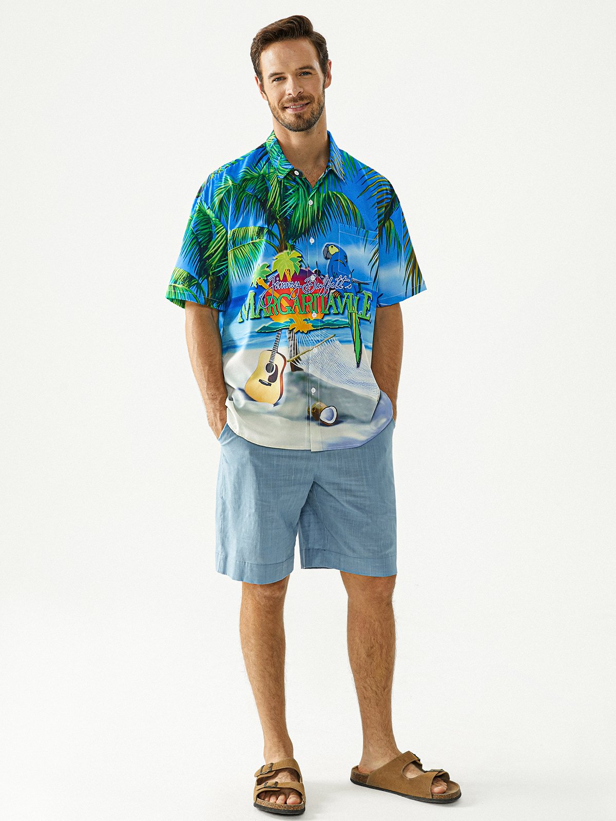 Hardaddy Blue Funny Button Down Hawaiian Shirt Tropical Parrots Music Coconuts Chest Pocket Short Sleeve Hawaiian Shirt