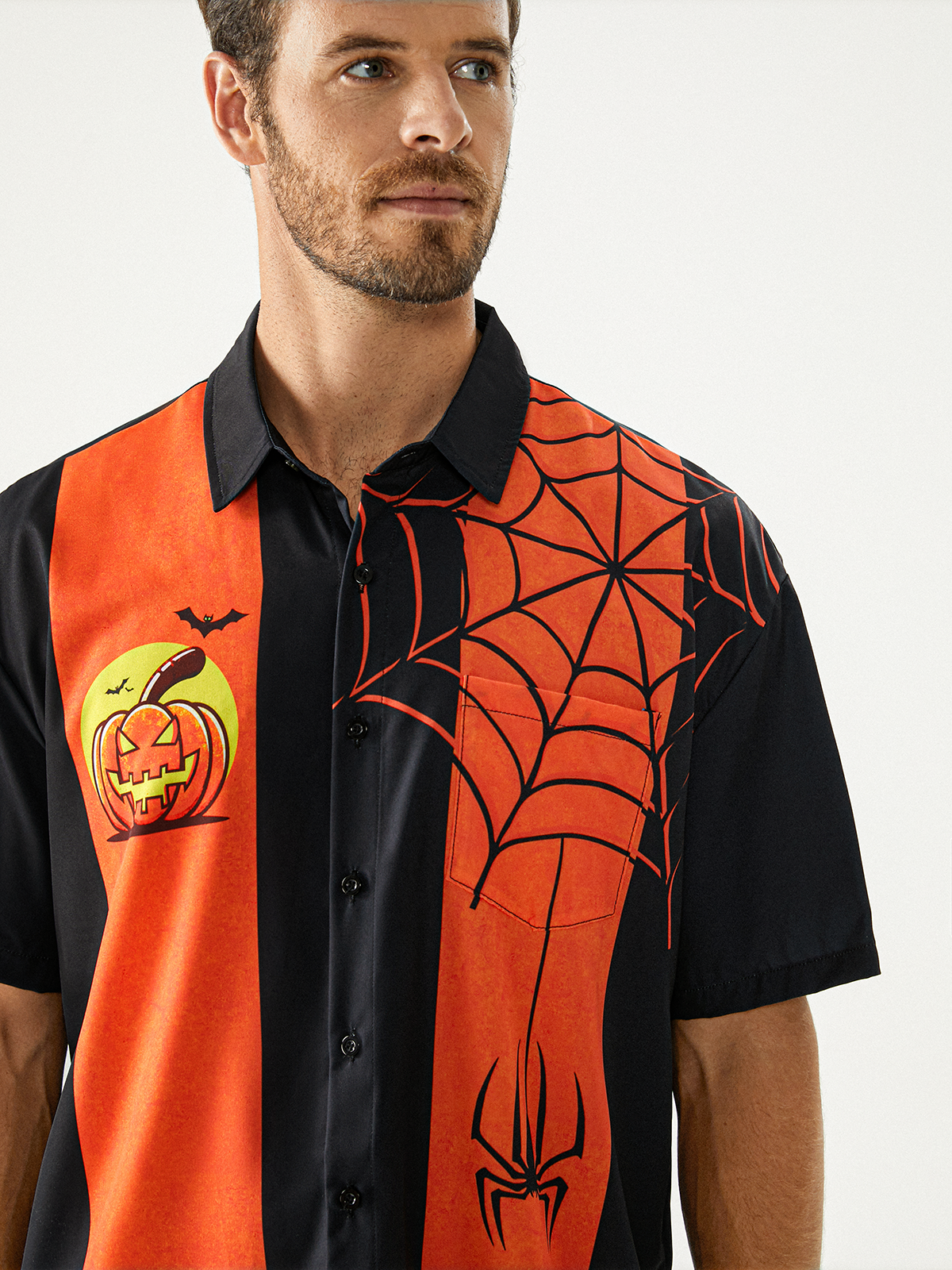 Halloween Pumpkin Spider Chest Pocket Short Sleeve Casual Shirt