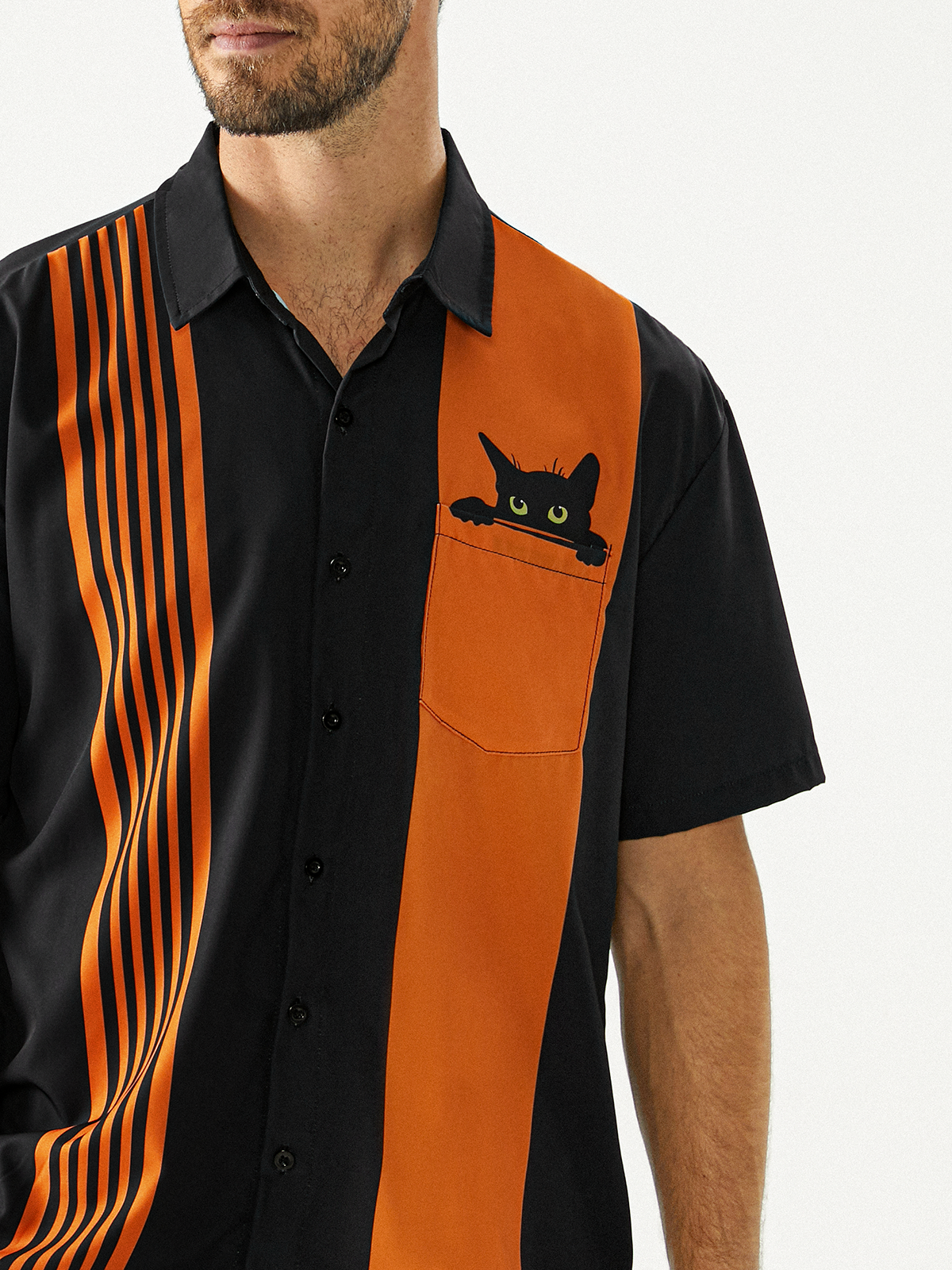 Halloween Cat Chest Pocket Short Sleeve Bowling Shirt