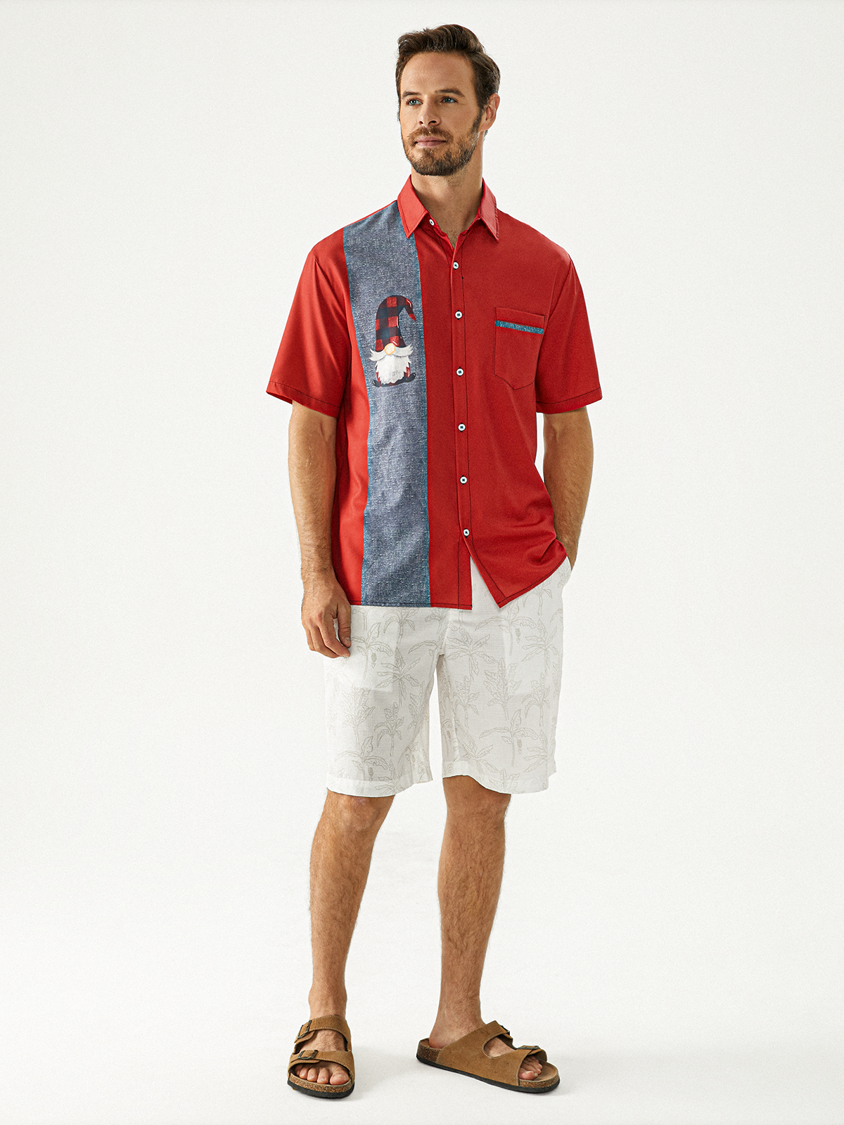 Christmas Gnomes Chest Pocket Short Sleeve Bowling Shirt