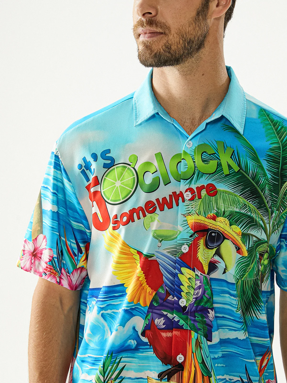 Hardaddy Party Shirts It's 5 O'Clock Somewhere Parrot Chest Pocket Short Sleeve Hawaiian Shirt