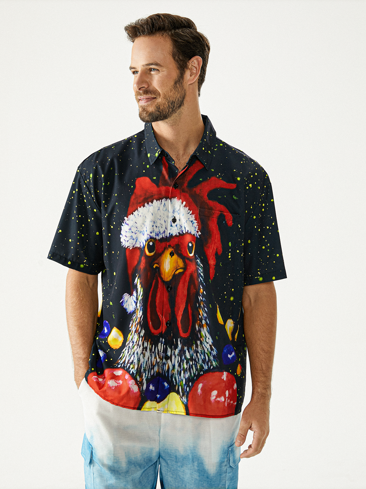 Christmas Rooster Chest Pocket Short Sleeve Casual Shirt