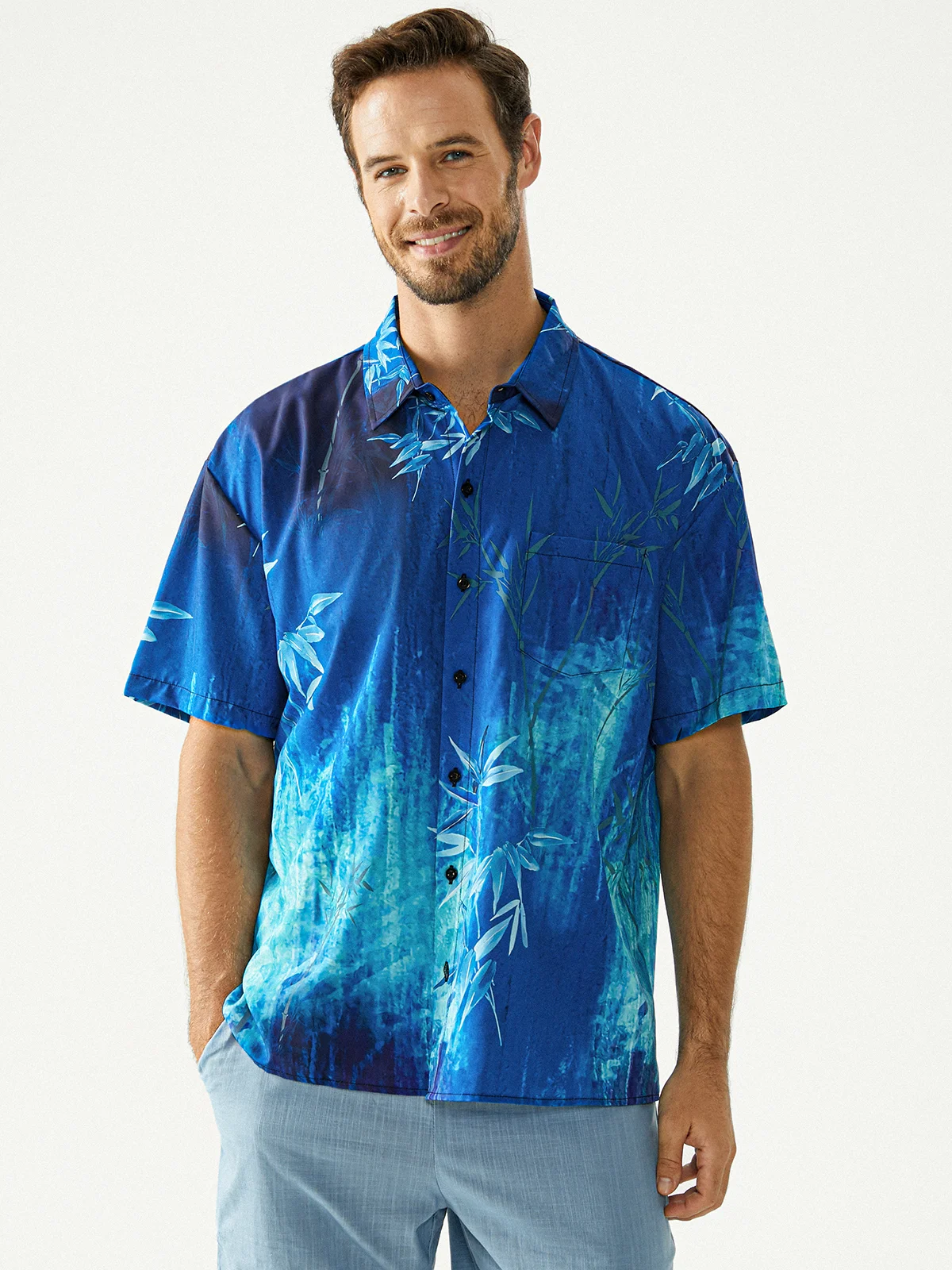 Art Bamboo Chest Pocket Short Sleeve Casual Shirt