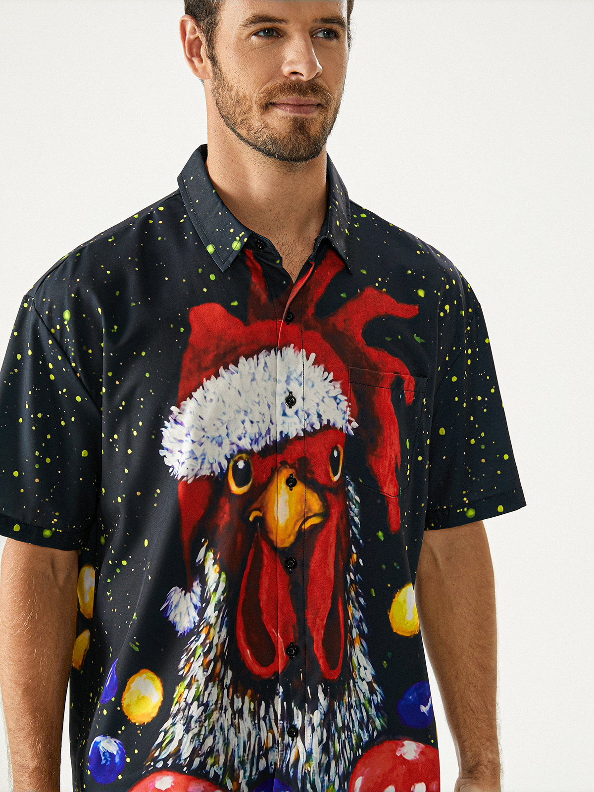 Christmas Rooster Chest Pocket Short Sleeve Casual Shirt