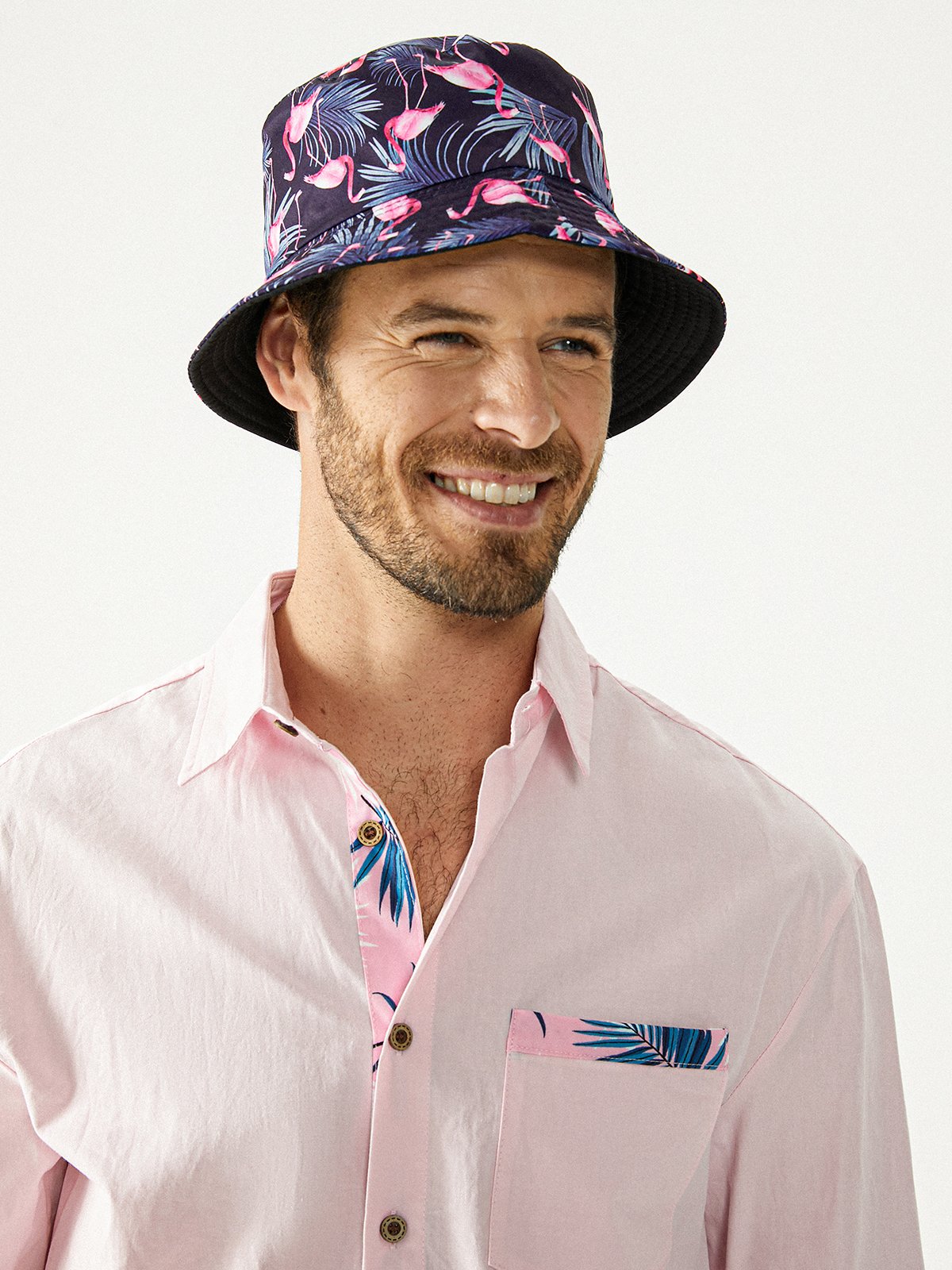 Hardaddy Men's Vacation Street Personality Flamingo Print Bucket Hat