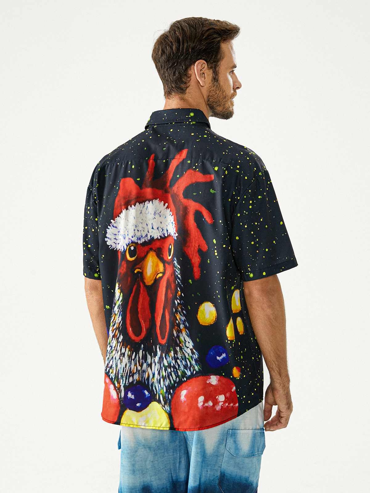 Christmas Rooster Chest Pocket Short Sleeve Casual Shirt