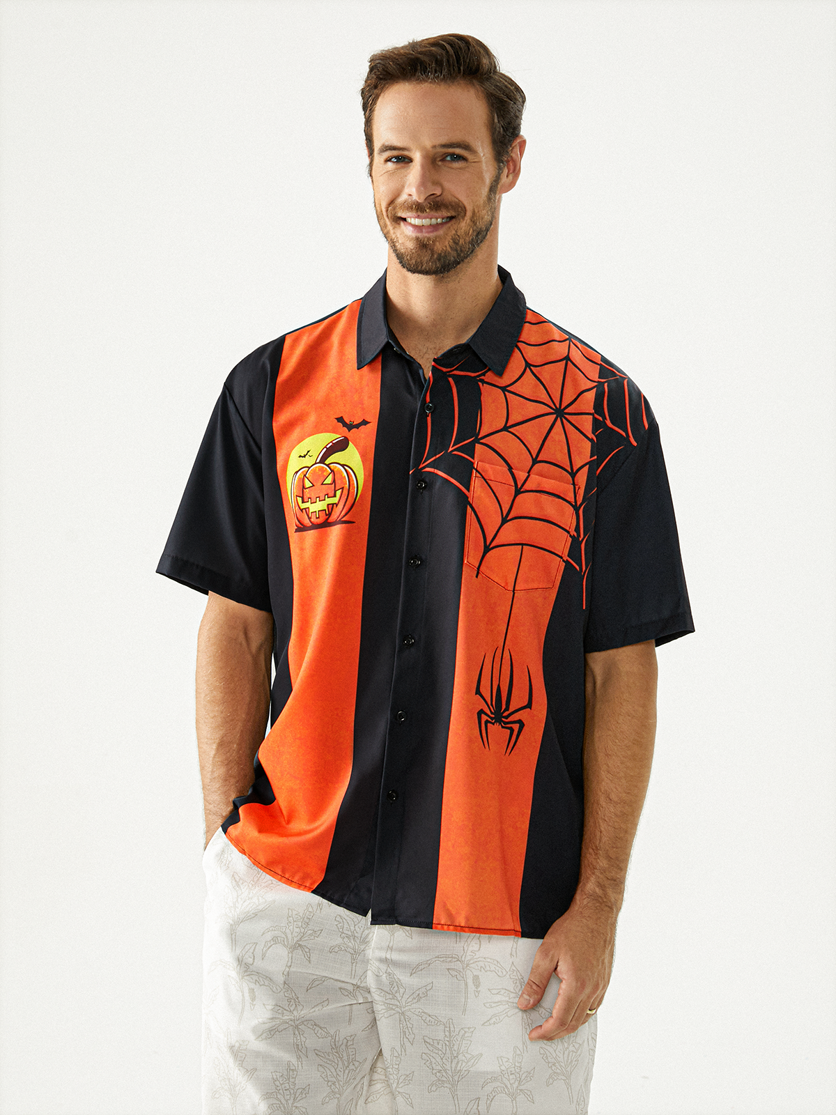 Halloween Pumpkin Spider Chest Pocket Short Sleeve Casual Shirt