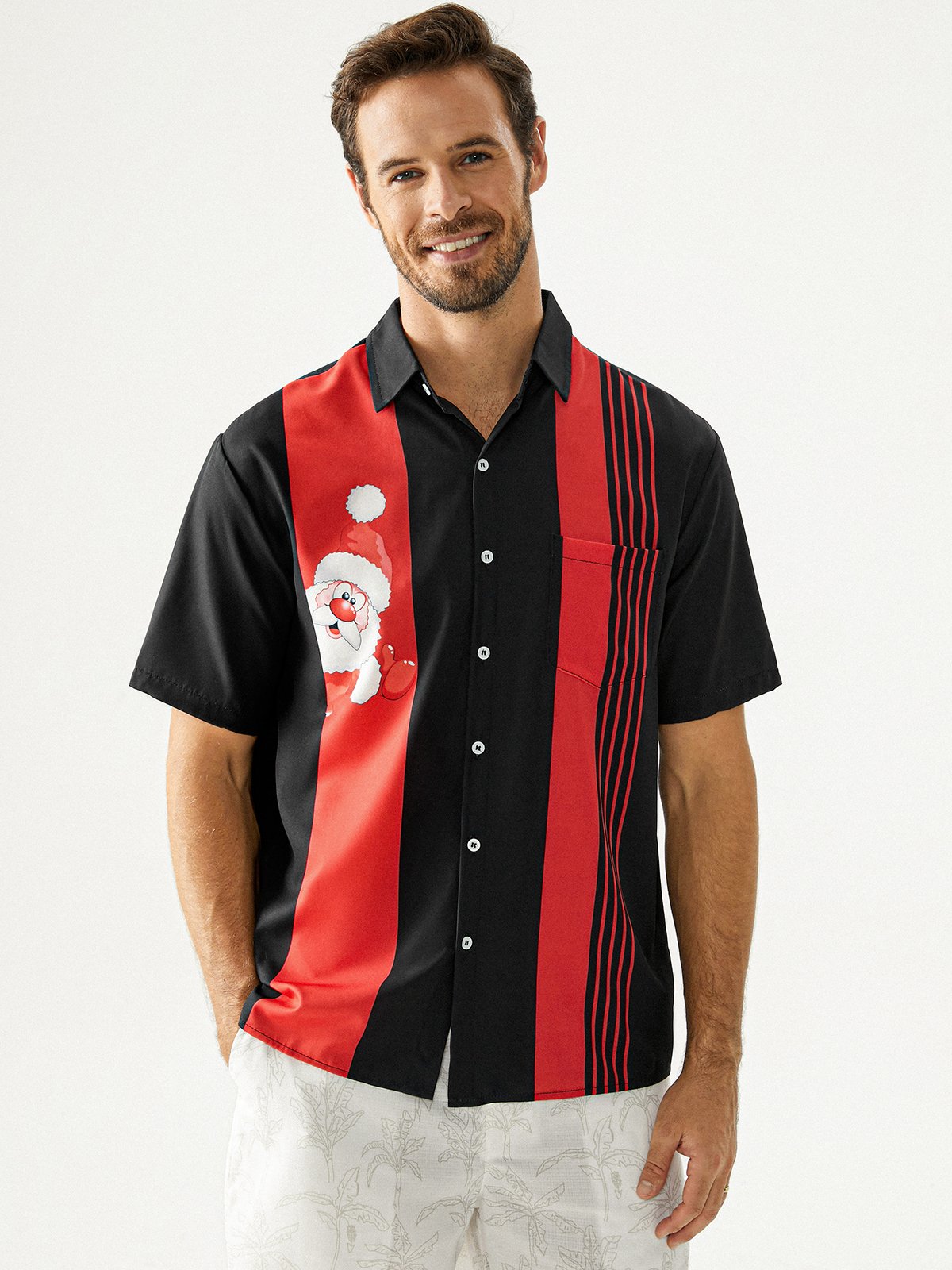 Christmas Chest Pocket Short Sleeve Bowling Shirt