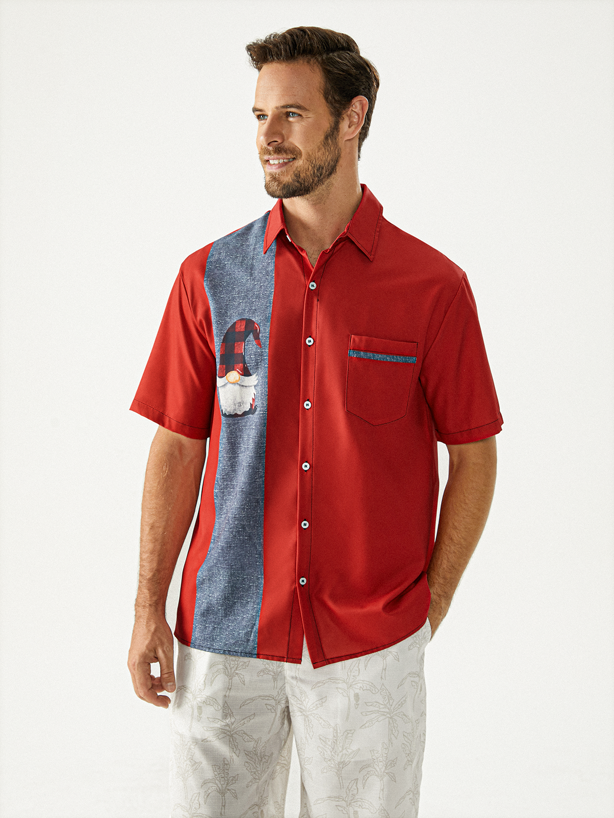 Christmas Gnomes Chest Pocket Short Sleeve Bowling Shirt