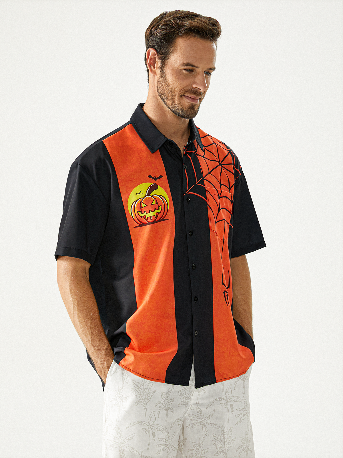 Halloween Pumpkin Spider Chest Pocket Short Sleeve Casual Shirt