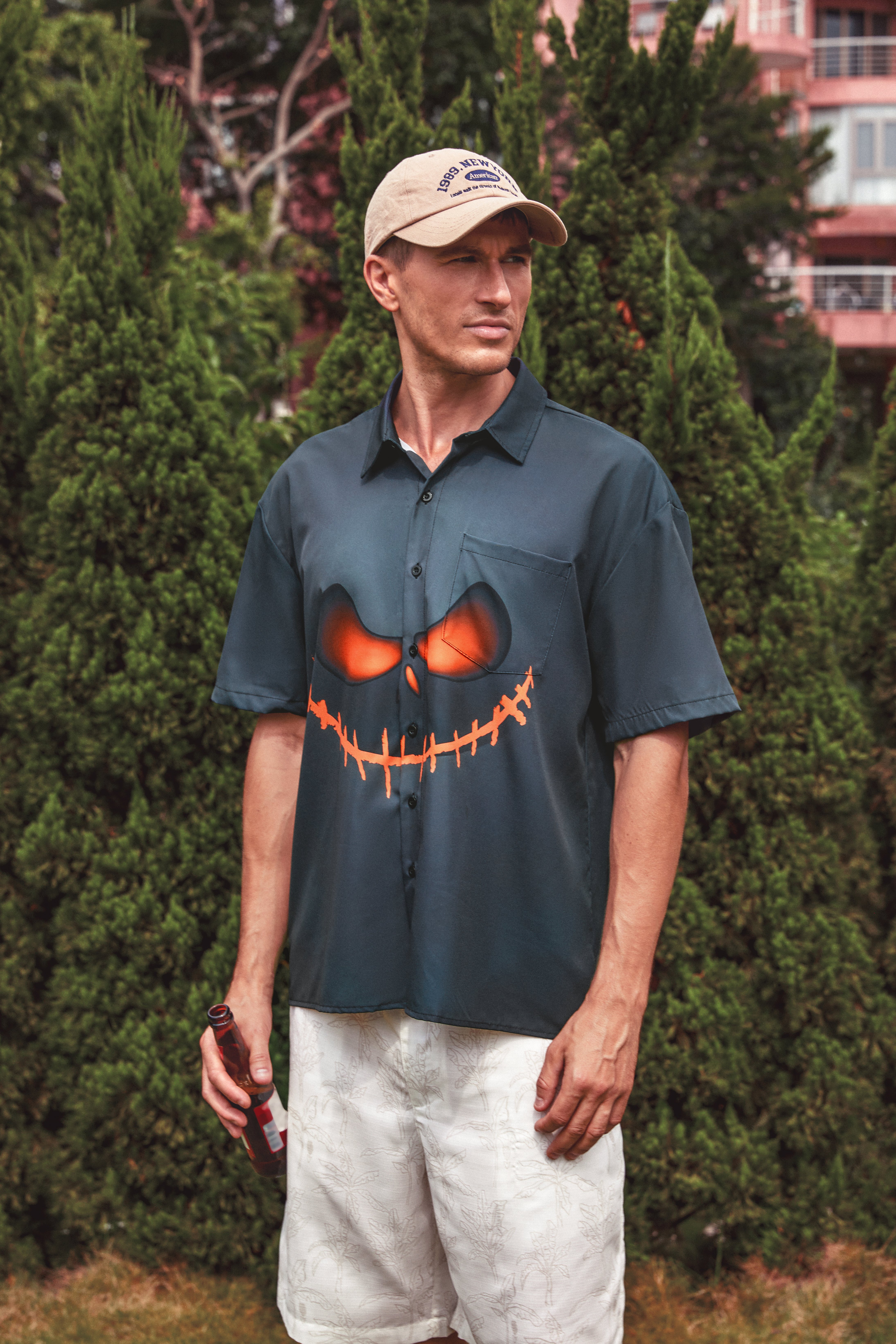 Halloween Ghostface Chest Pocket Short Sleeve Holiday Shirt