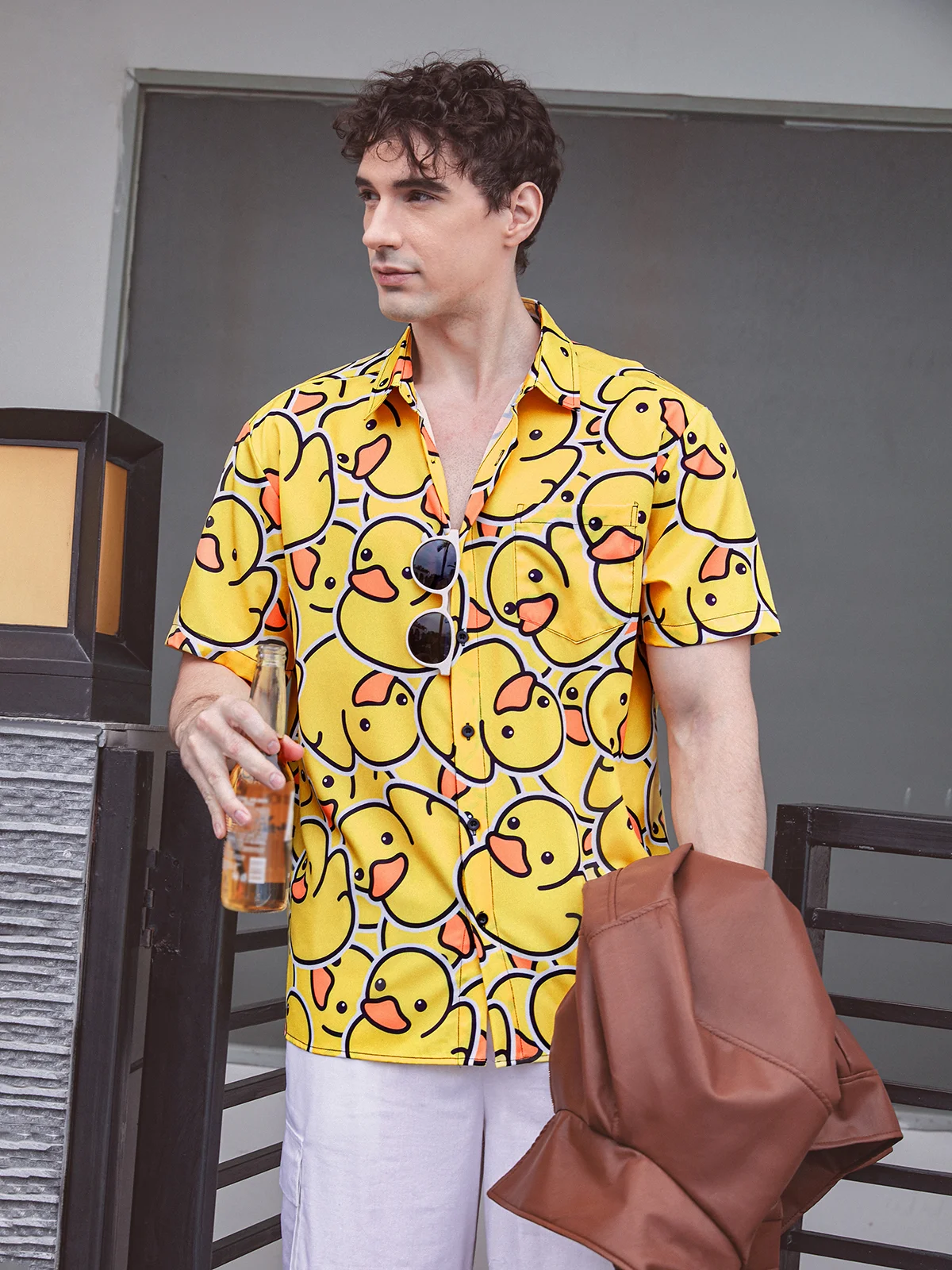 Hardaddy Yellow Duck Chest Pocket Short Sleeves Casual Shirt