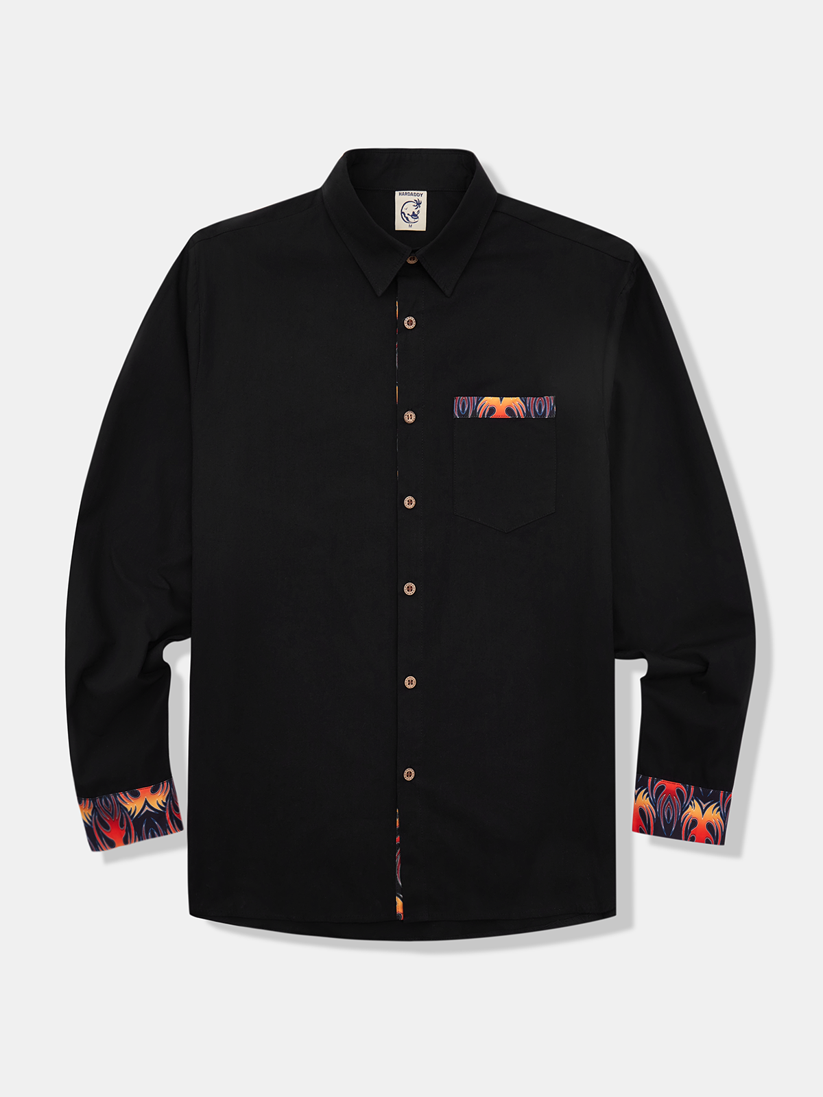 Hardaddy Cotton Patchwork Flame Print Chest Pocket Long Sleeved Shirt