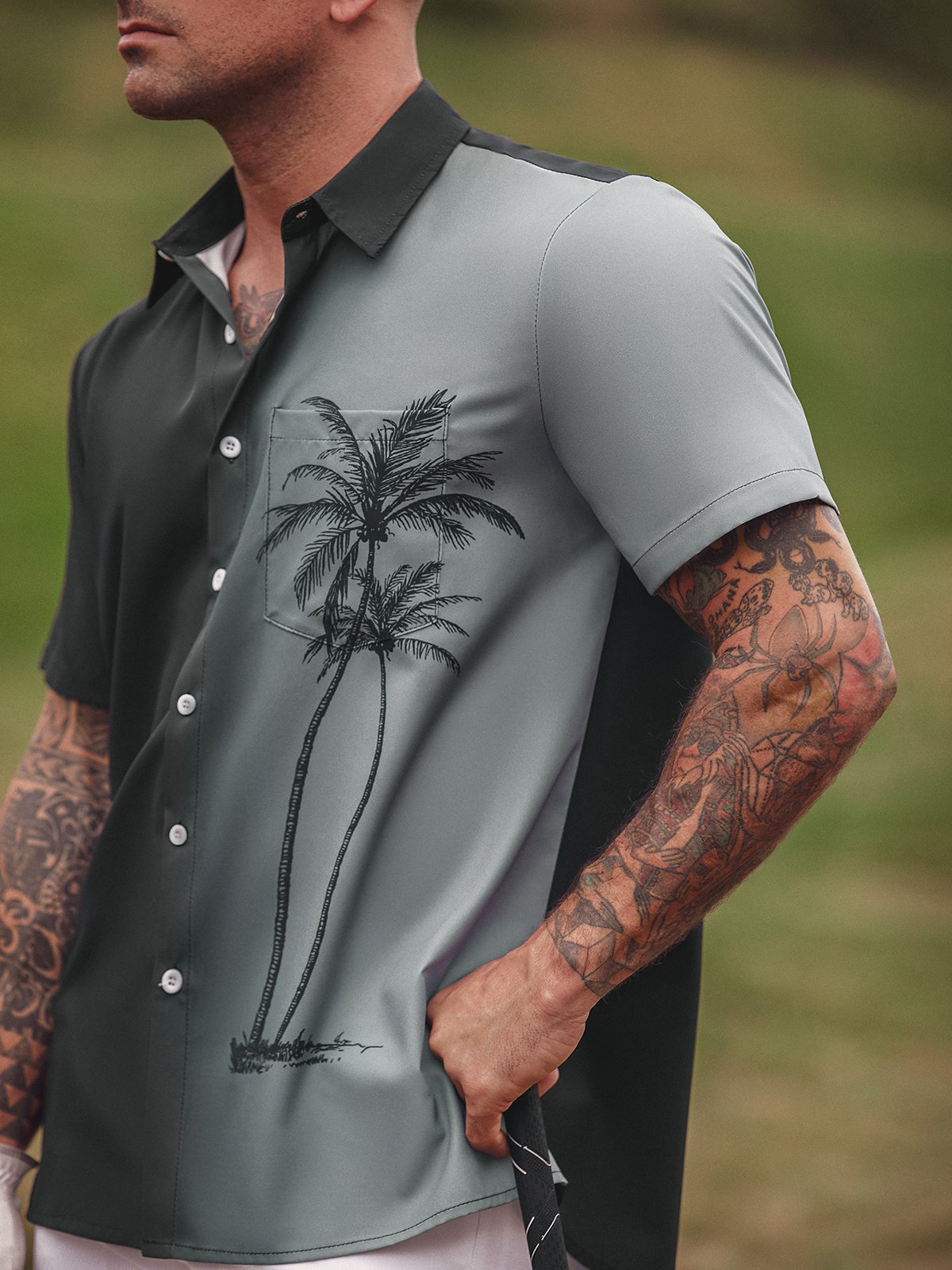 Hardaddy Men's Gradient Coconut Tree Print Casual Breathable Hawaiian Short Sleeve Shirt