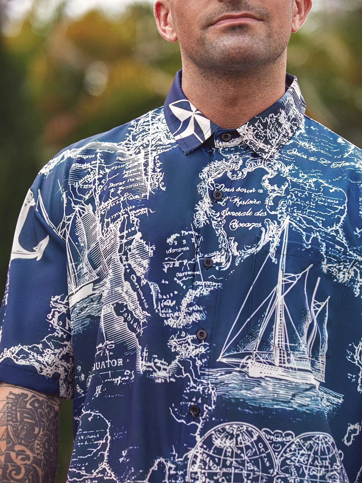 Hardaddy Nautical Map Chest Pocket Short Sleeve Hawaii Shirt