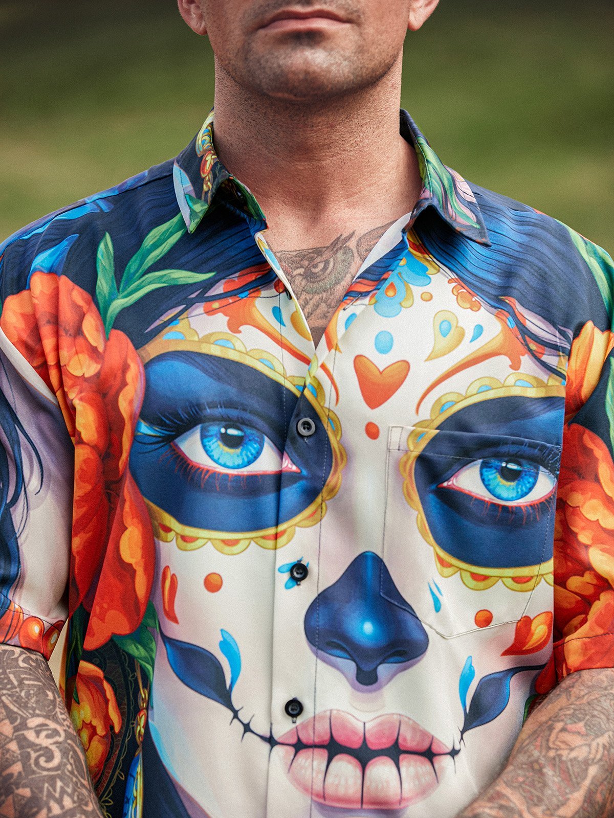 El Día de los Muertos Chest Pocket Short Sleeve Casual Shirt