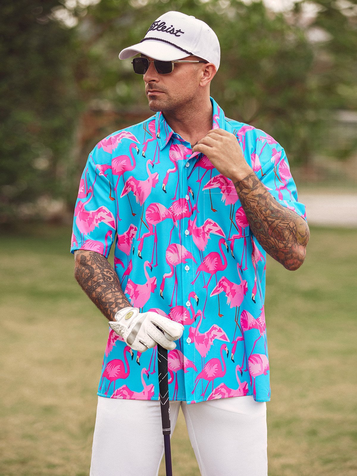 Hardaddy Tropical Animal Flamingo Chest Pocket Short Sleeve Hawaiian Shirt