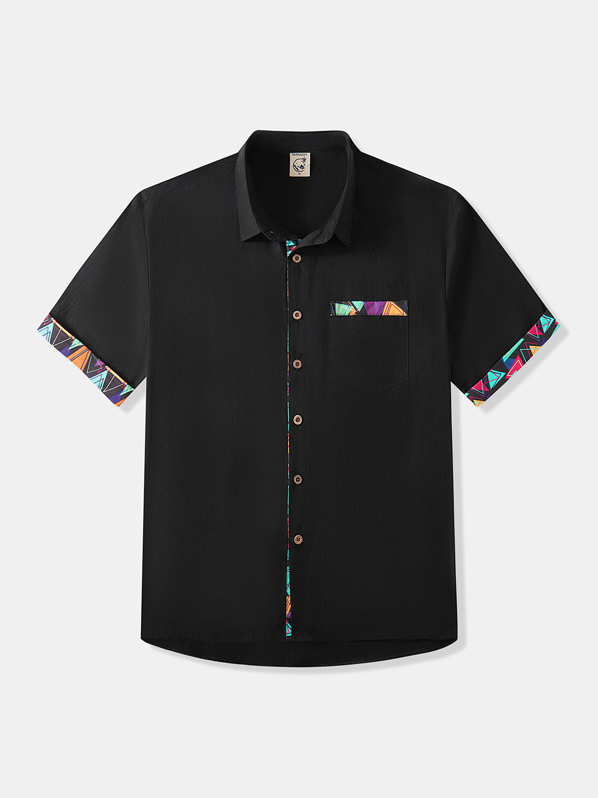 Hardaddy 100% Cotton Black Patchwork Short Sleeve Resort Comfy Shirt Hawaiian Daily Shirt