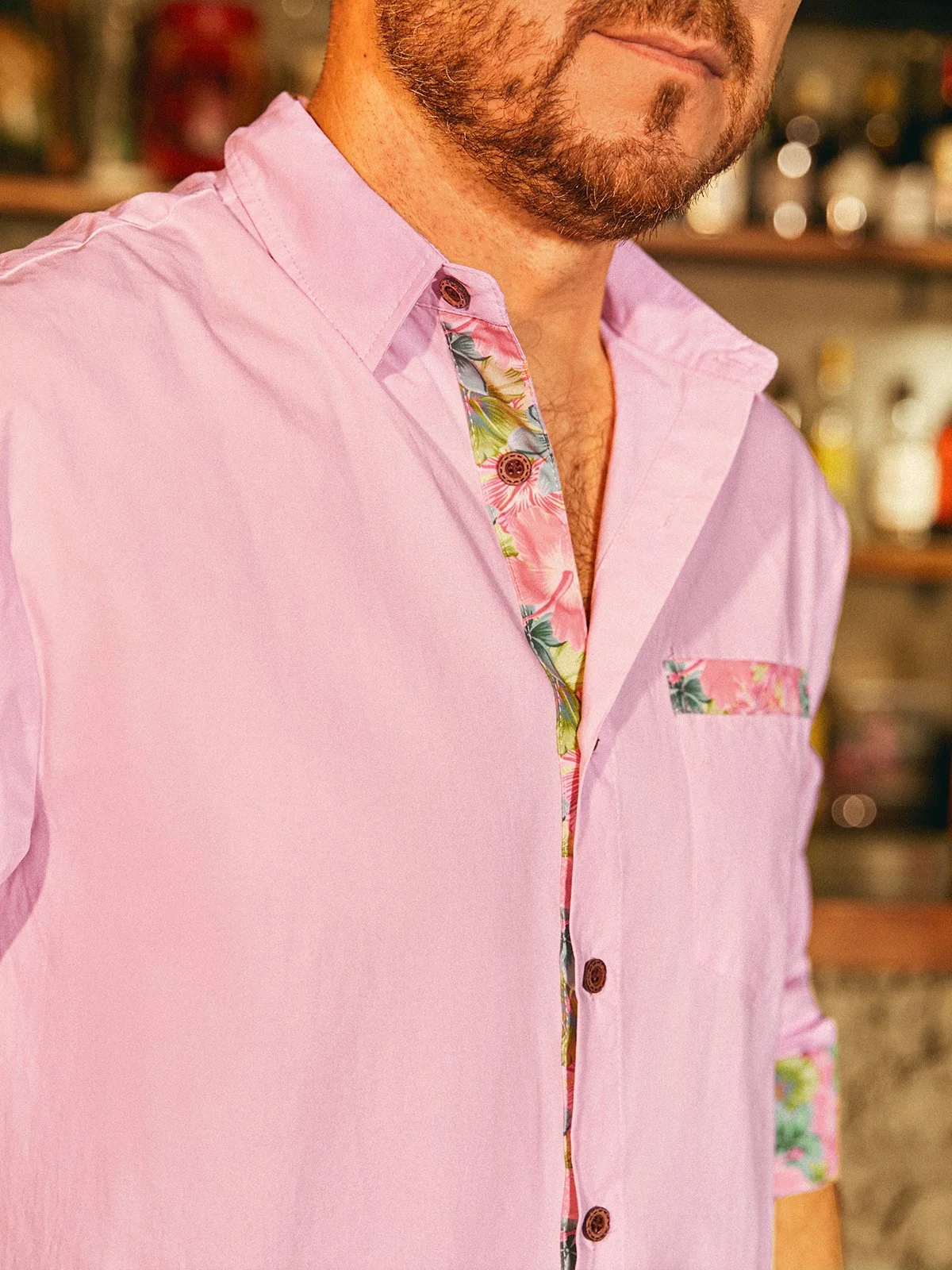 Hardaddy Cotton Paneling Floral Chest Pocket Long Sleeve Shirt