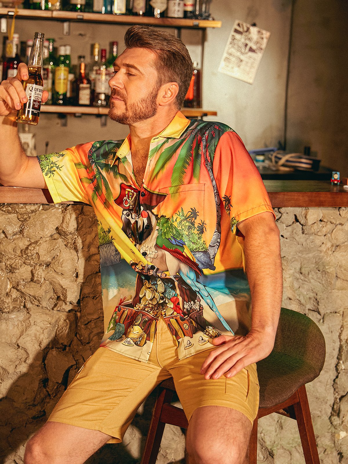 Hardaddy Men's Funny Button Down Hawaiian Shirts Beach Pirate Parrot Chest Pocket Short Sleeve Hawaiian Shirt