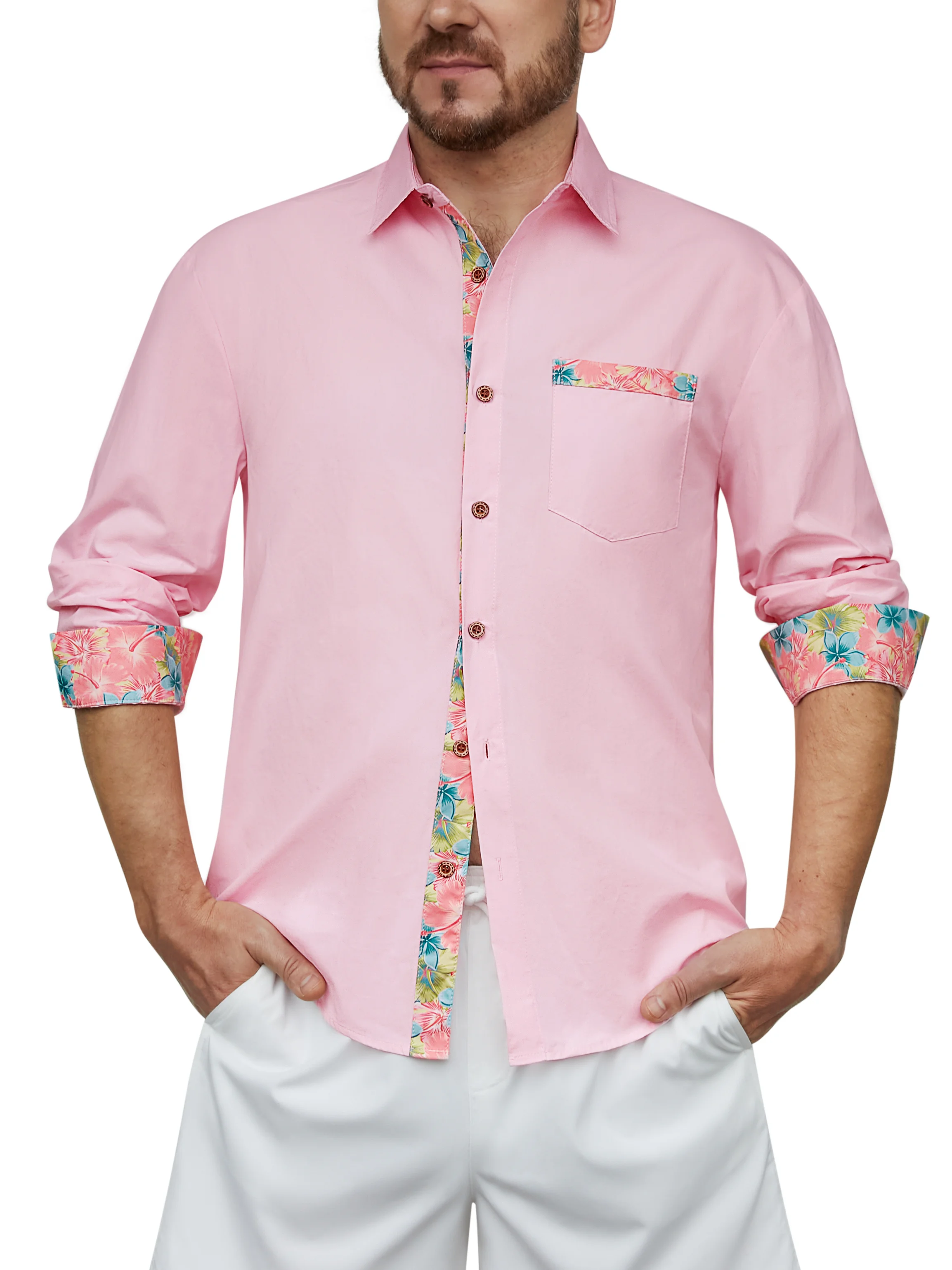Hardaddy Cotton Paneling Floral Chest Pocket Long Sleeve Shirt